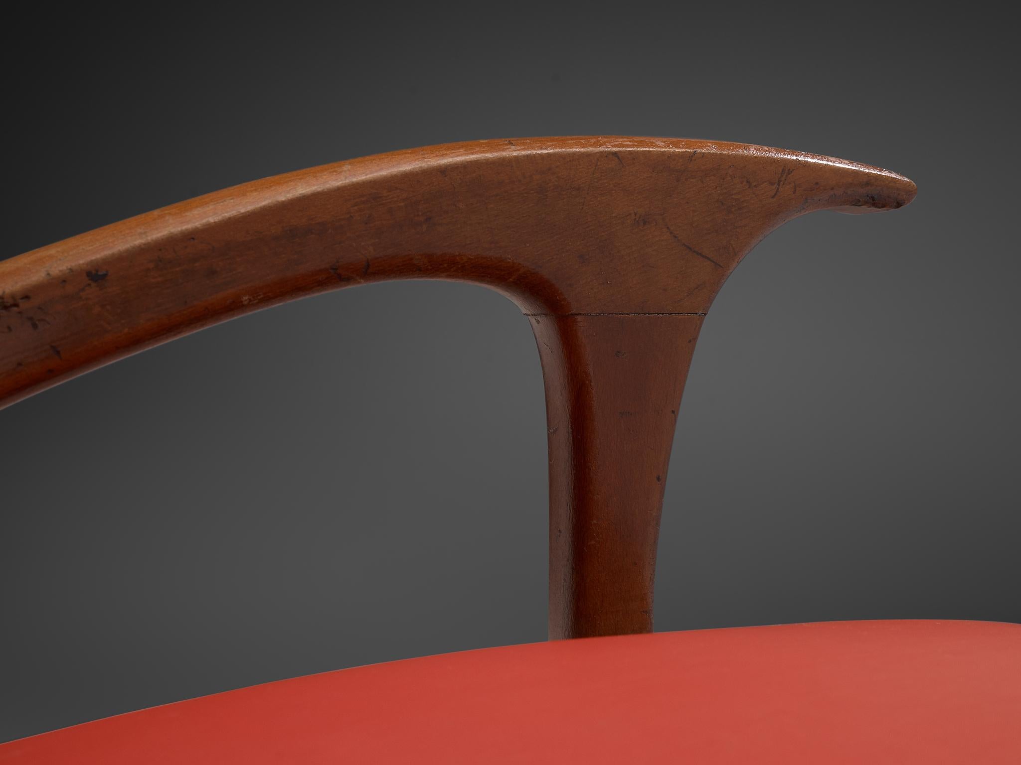 Mid-20th Century Italian Easy Chair in Walnut and Red Leatherette