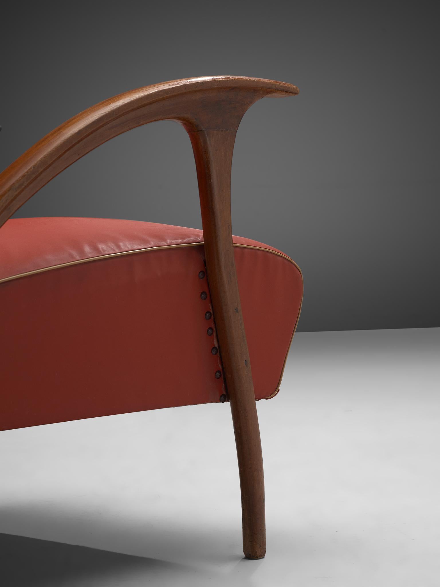 Faux Leather Italian Easy Chair in Walnut and Red Leatherette