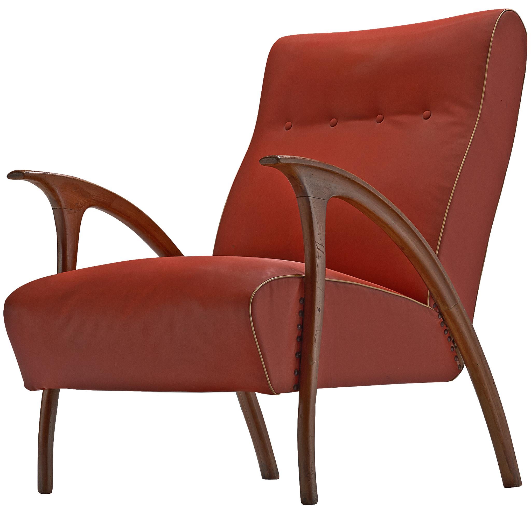 Italian Easy Chair in Walnut and Red Leatherette
