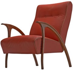 Vintage Italian Easy Chair in Walnut and Red Leatherette
