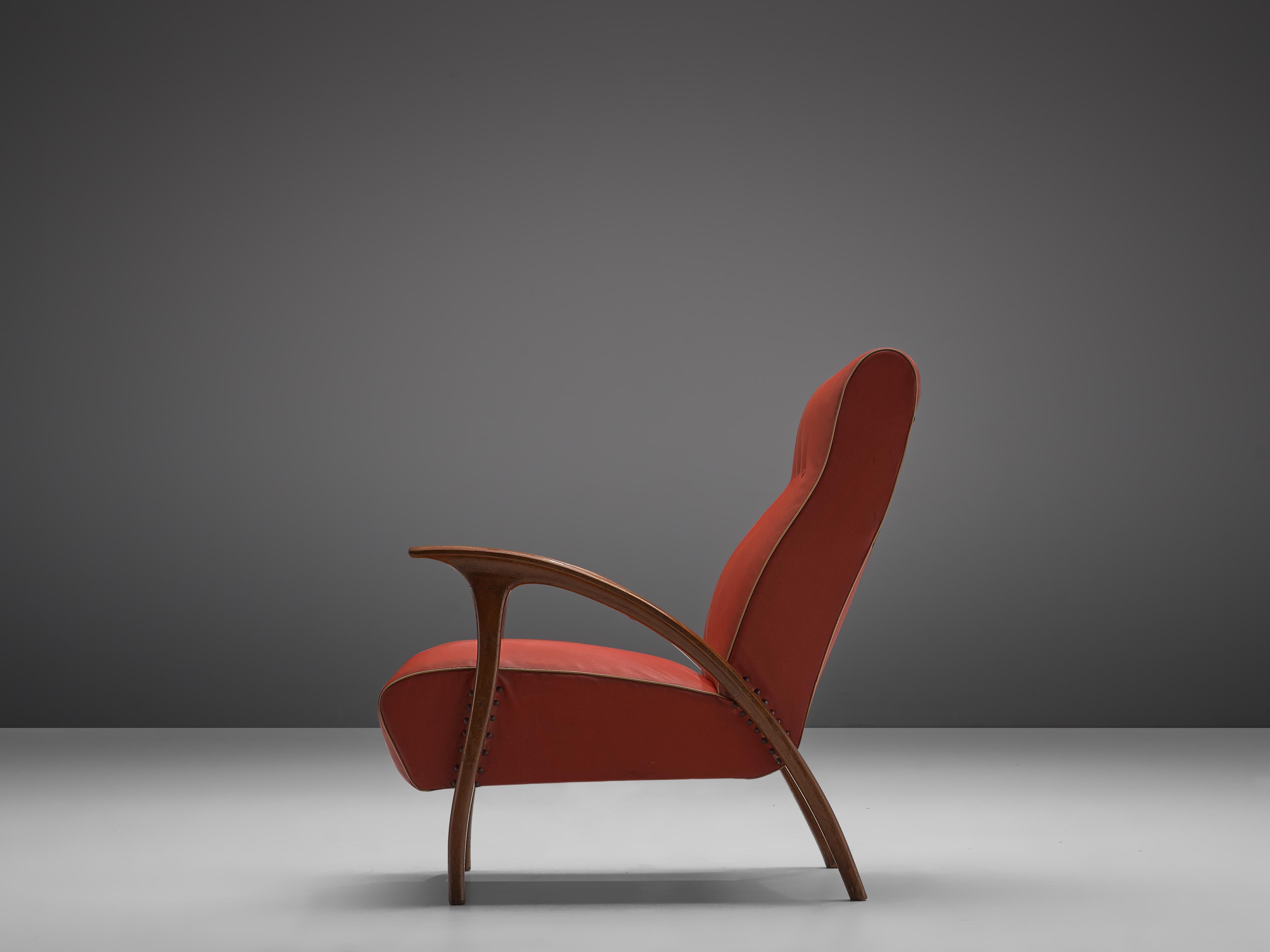 Italian Easy Chair in Walnut and Red Leatherette  In Good Condition For Sale In Waalwijk, NL