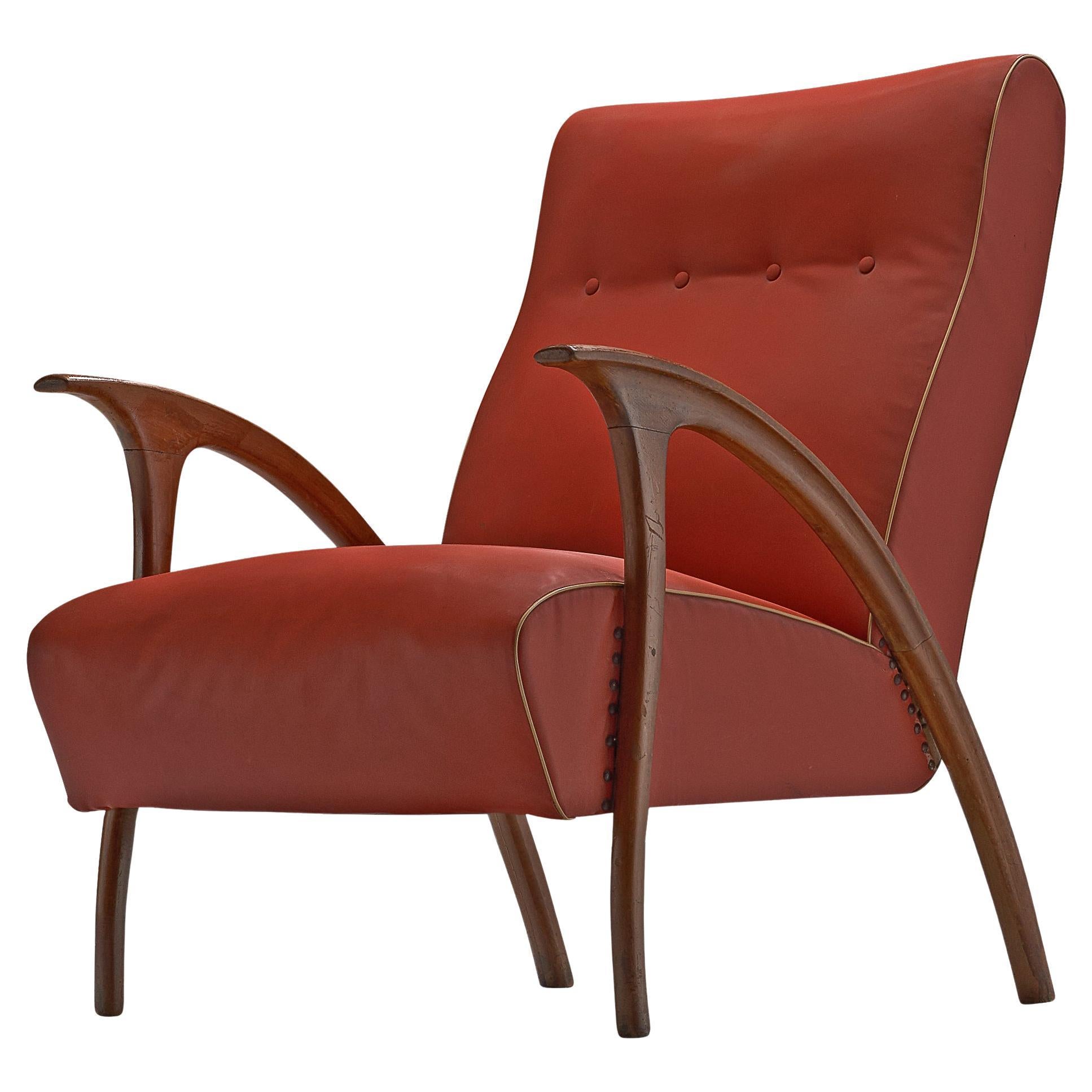 Italian Easy Chair in Walnut and Red Leatherette  For Sale