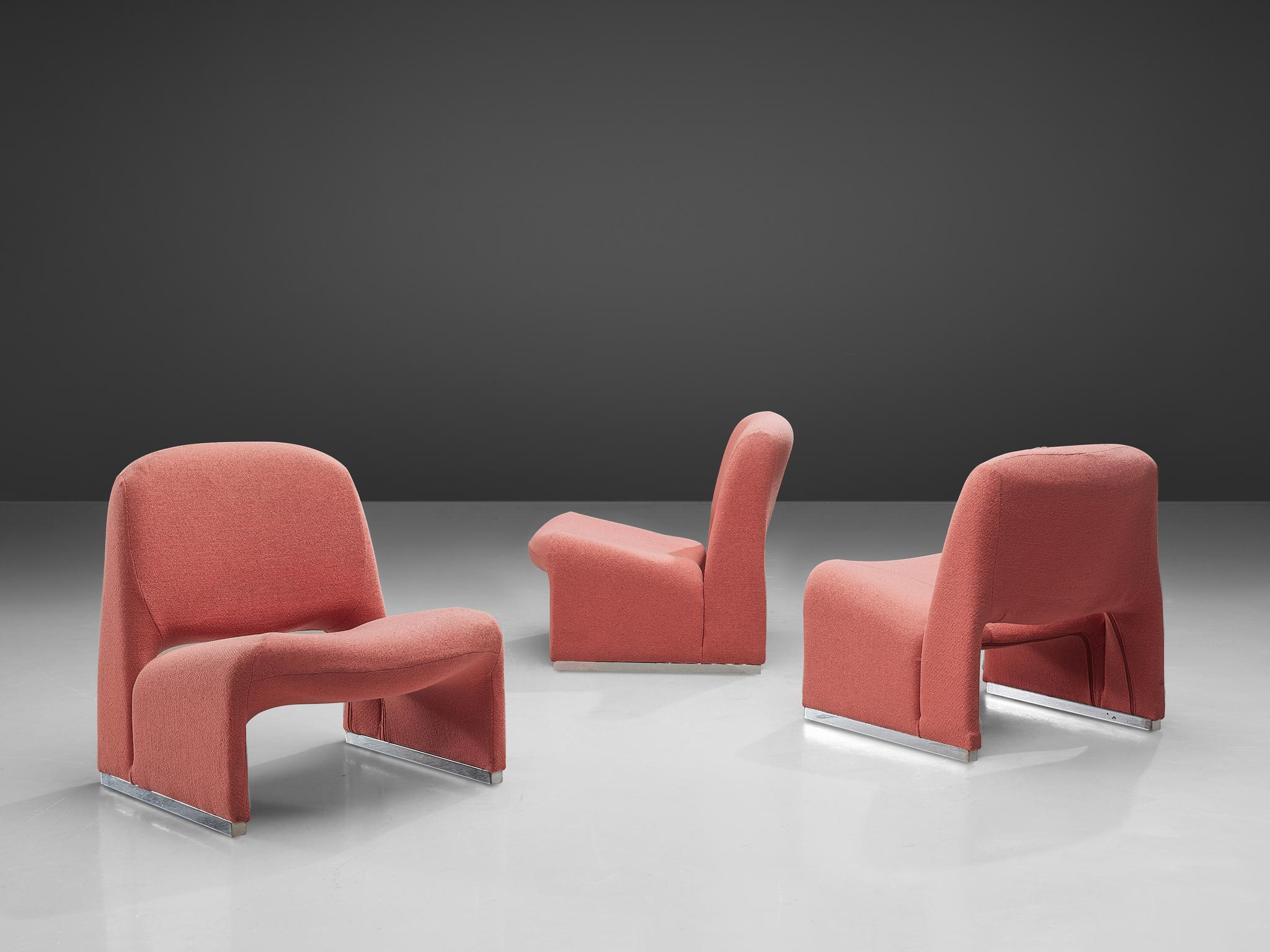 Easy chairs, metal and pink fabric, Italy, 1970s

A wonderful Postmodern easy chair with bulky, fluid shapes. It consists of two curved parts that form together the legs, the seat and the backrest.  The legs are finished with an aluminum base. This