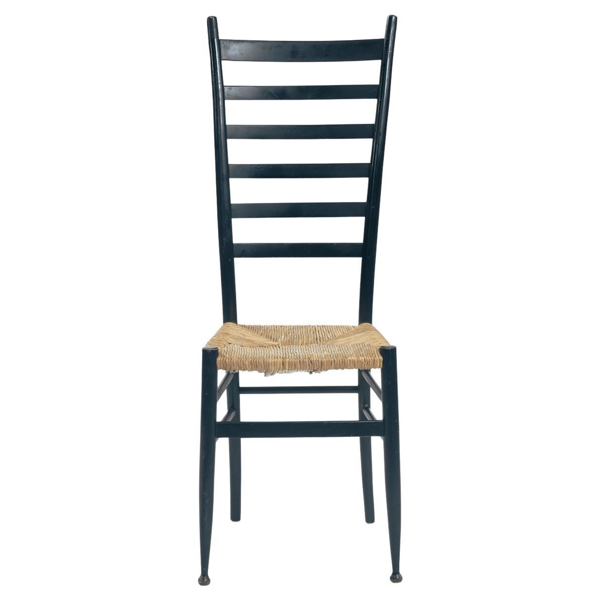 Sedia a schienale alto in paglia ebanizzata in stile italiano di Chiavari Gio Ponti, anni '50