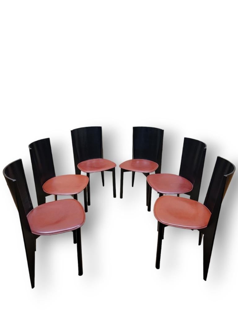  Chaises de salle à manger italiennes en bois cintré et cuir par Calligaris - Lot de 6 en vente 2