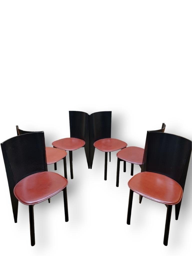  Chaises de salle à manger italiennes en bois cintré et cuir par Calligaris - Lot de 6 en vente 1