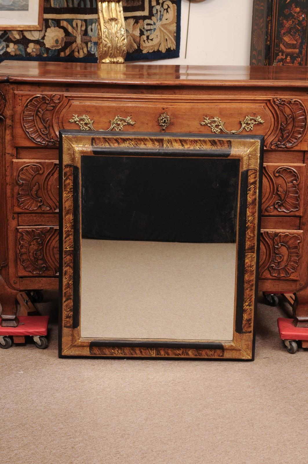 Late 17th Century Italian Ebonized & Faux Painted Tortoiseshell Rectangular Frame with Mirror