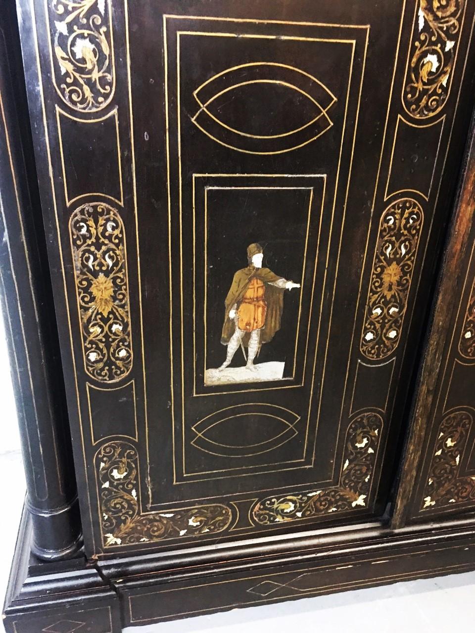 Brass Italian Ebonized High-Back Sideboard, Inlaid For Sale