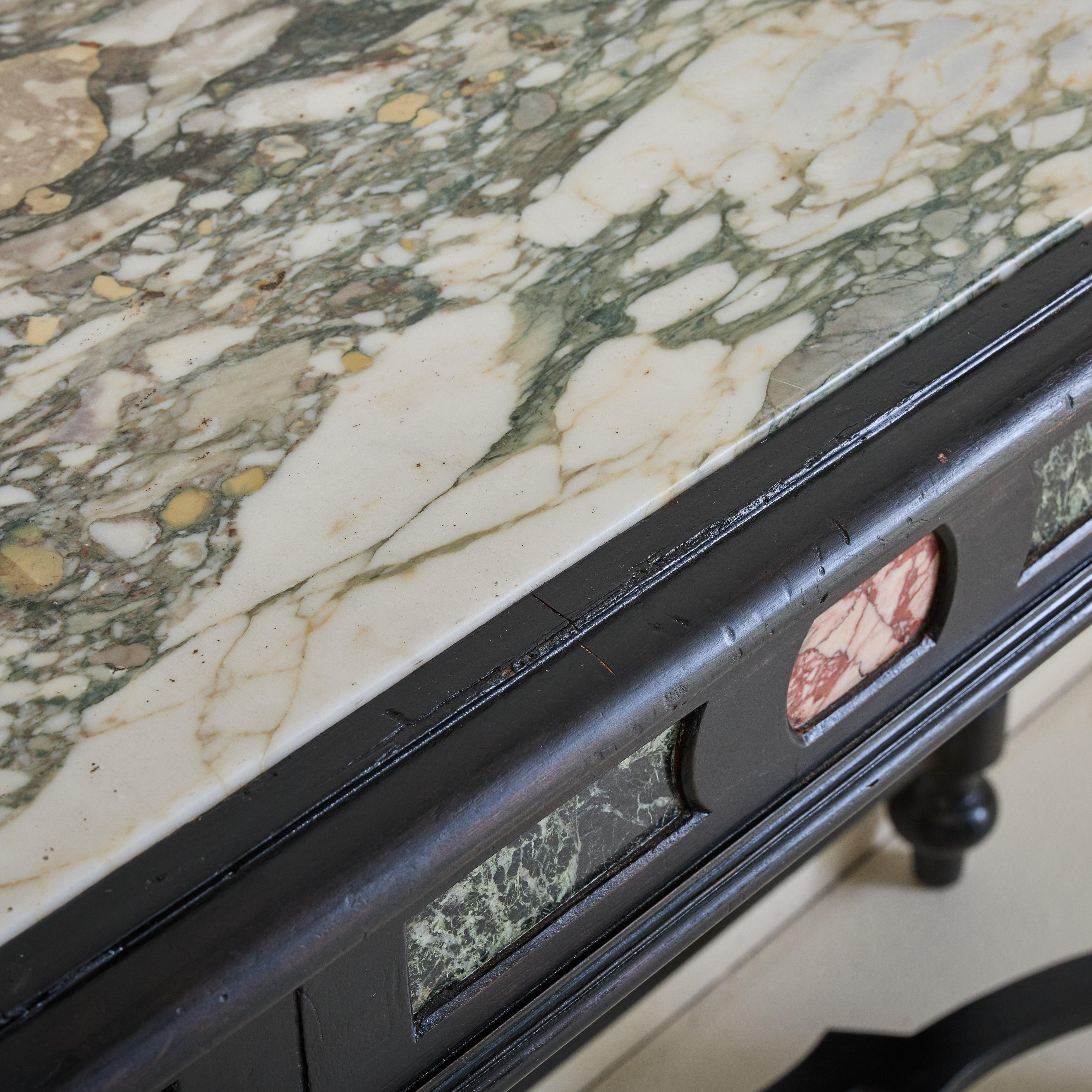 Italian Ebonized Wood + Marble Console Table, 18th Century For Sale 5