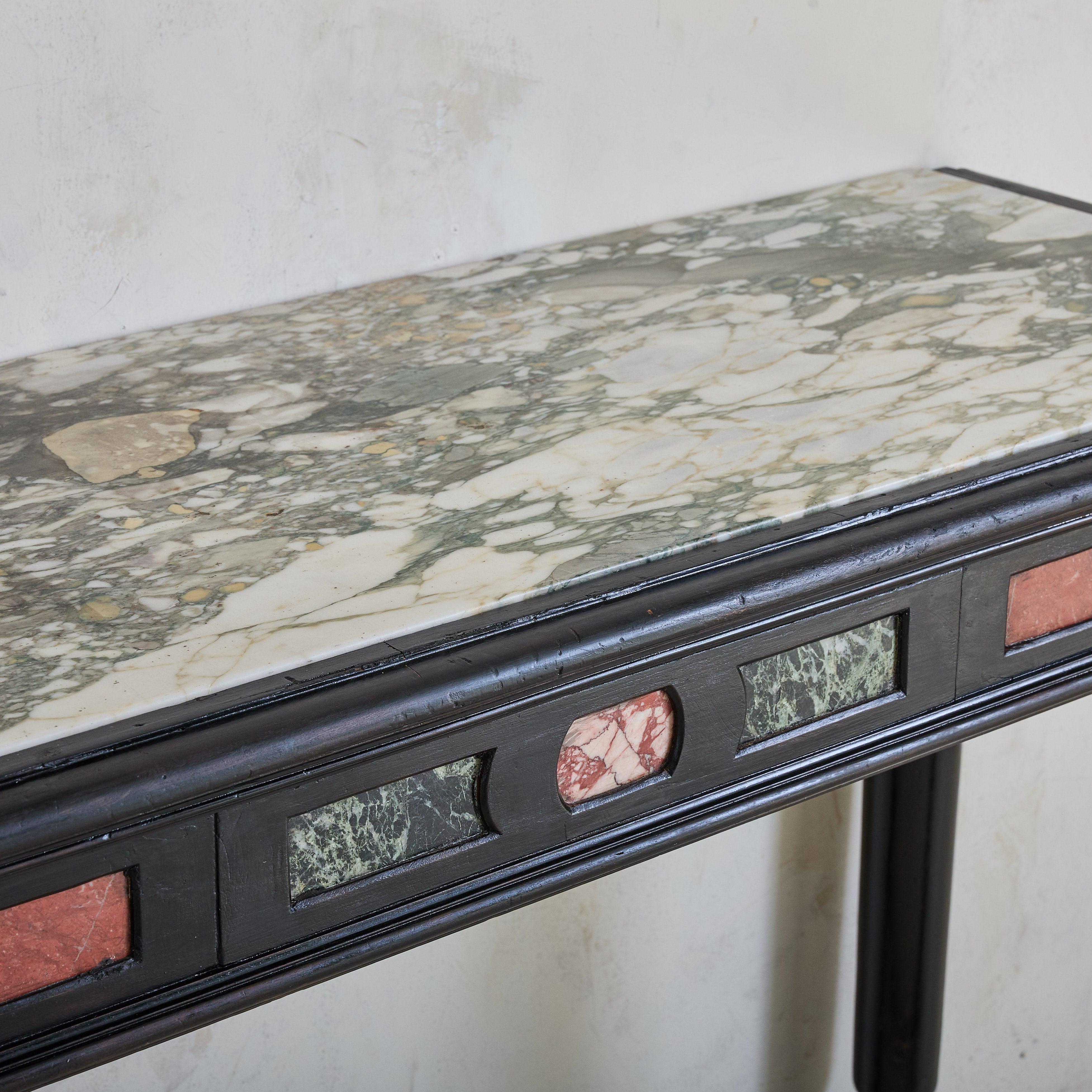 Italian Ebonized Wood + Marble Console Table, 18th Century In Good Condition For Sale In Chicago, IL