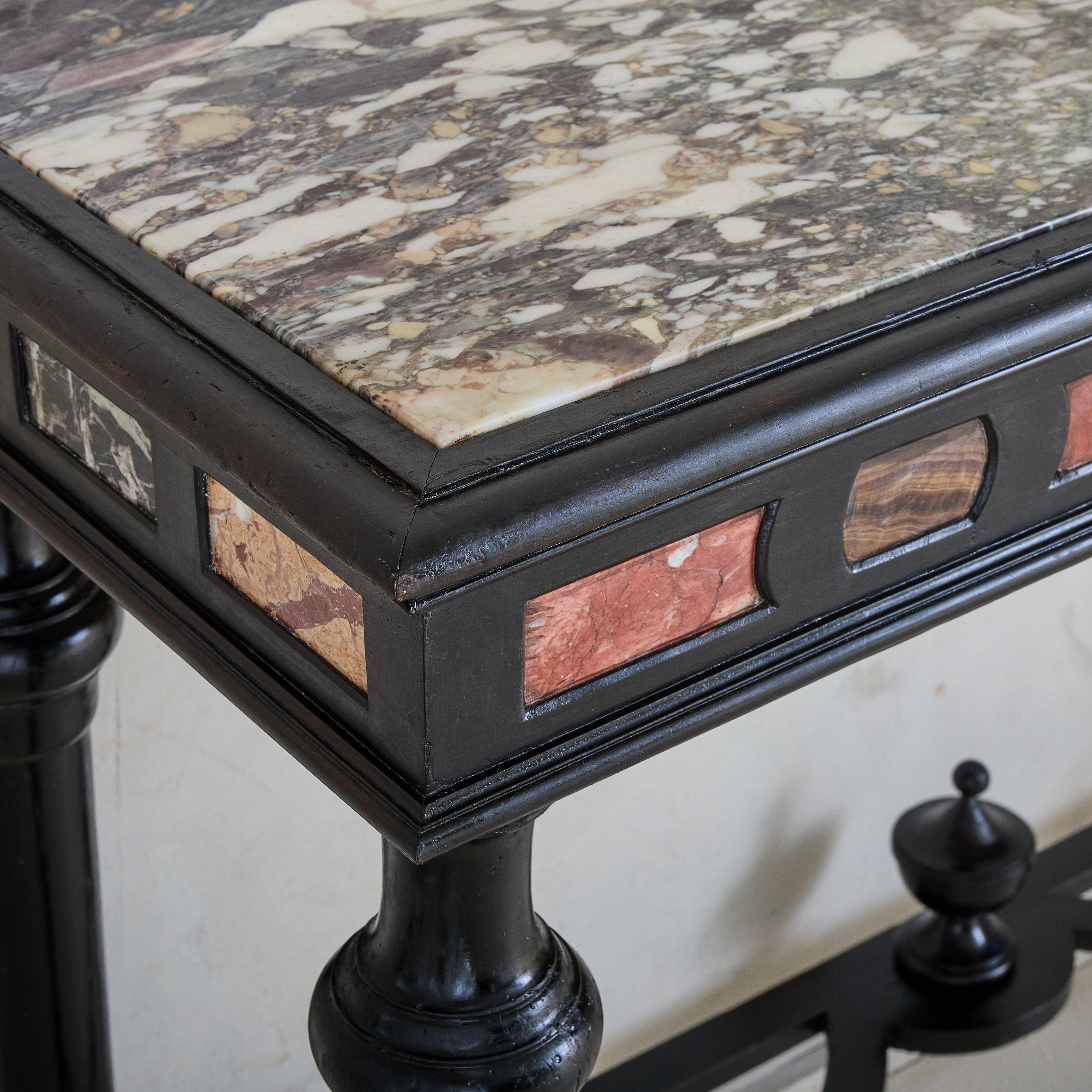 18th Century and Earlier Italian Ebonized Wood + Marble Console Table, 18th Century For Sale