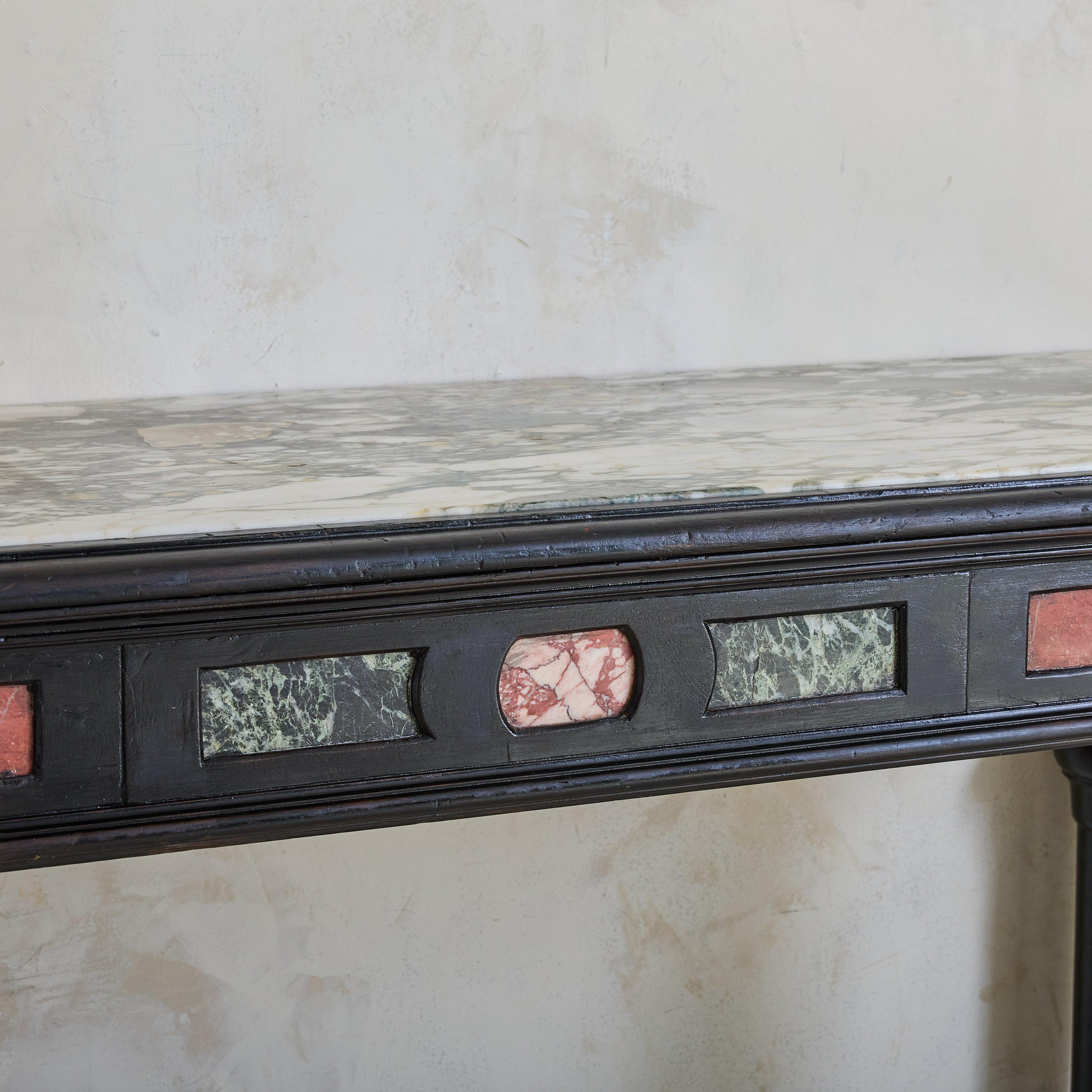 Italian Ebonized Wood + Marble Console Table, 18th Century For Sale 1