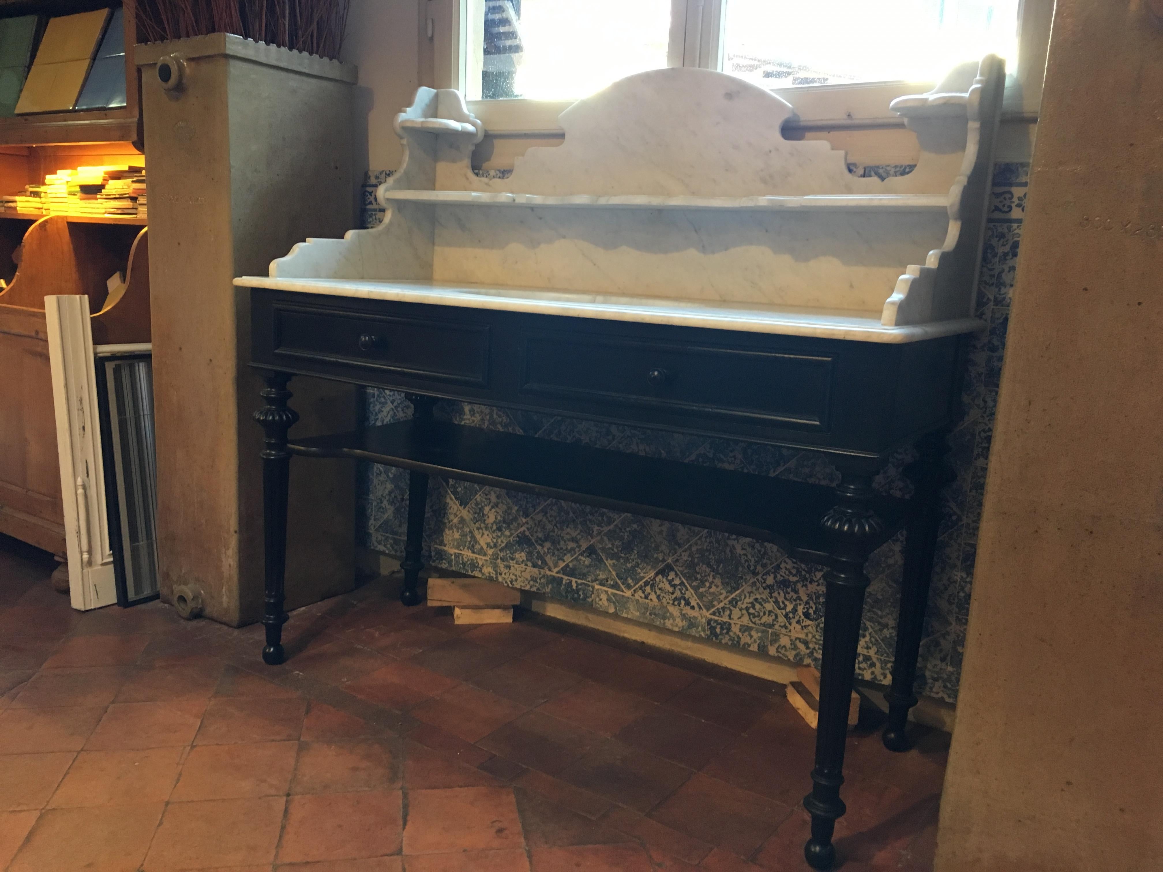 Italian Ebonized Wood with Carrara Marble Top Sink from 20th Century 9