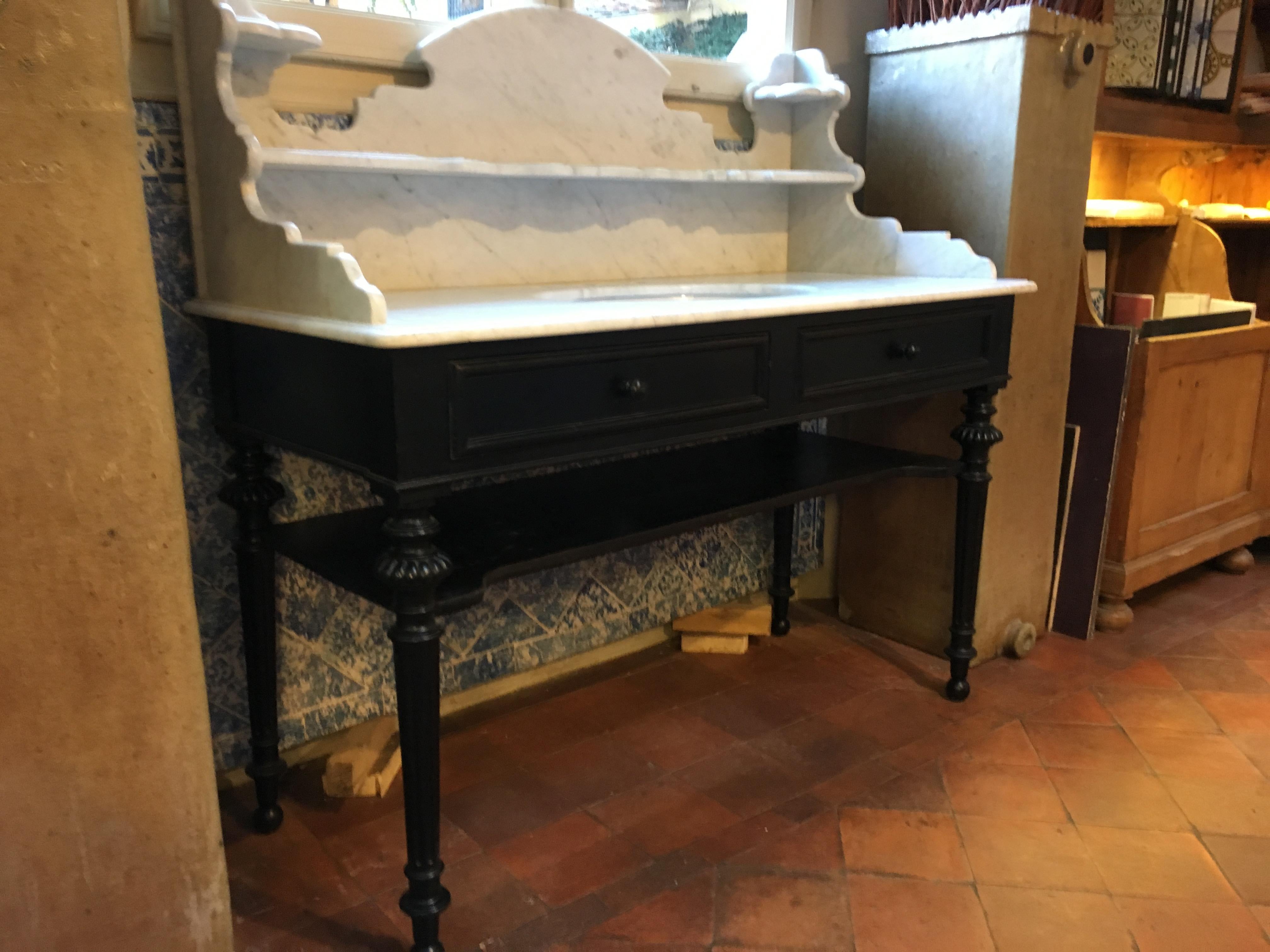 Italian Ebonized Wood with Carrara Marble Top Sink from 20th Century 10