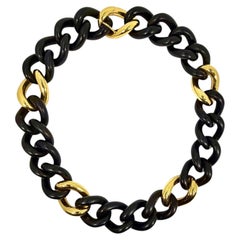 Italian Ebony & 18K Yellow Gold Curb Link Necklace 1 Inch Wide x 19 inches Long