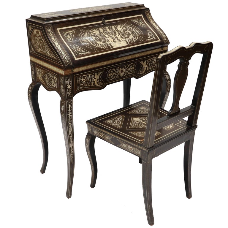 Antique Oriental Writing Desk With Bone Inlay At 1stdibs Italian Ebony And Bone Inlay Marquetry Secretaire Desk With Chair