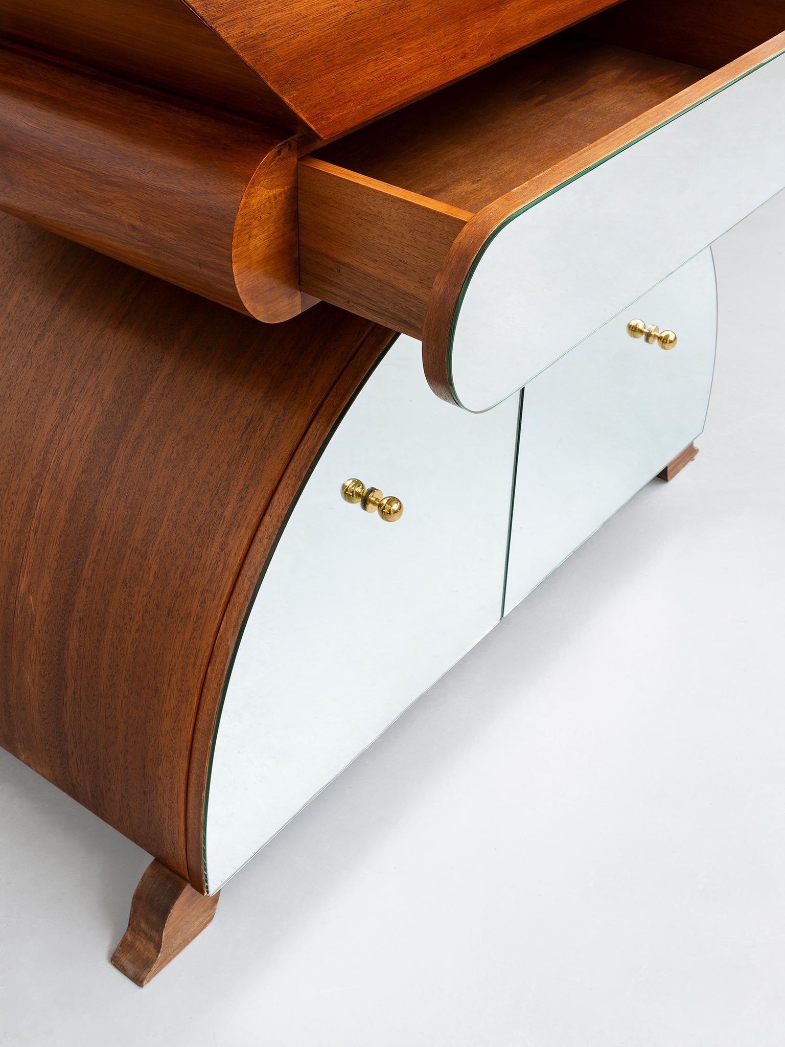 Consola excéntrica italiana de madera y espejo de Nanda Vigo, Pieza única, Años 80 en venta 3