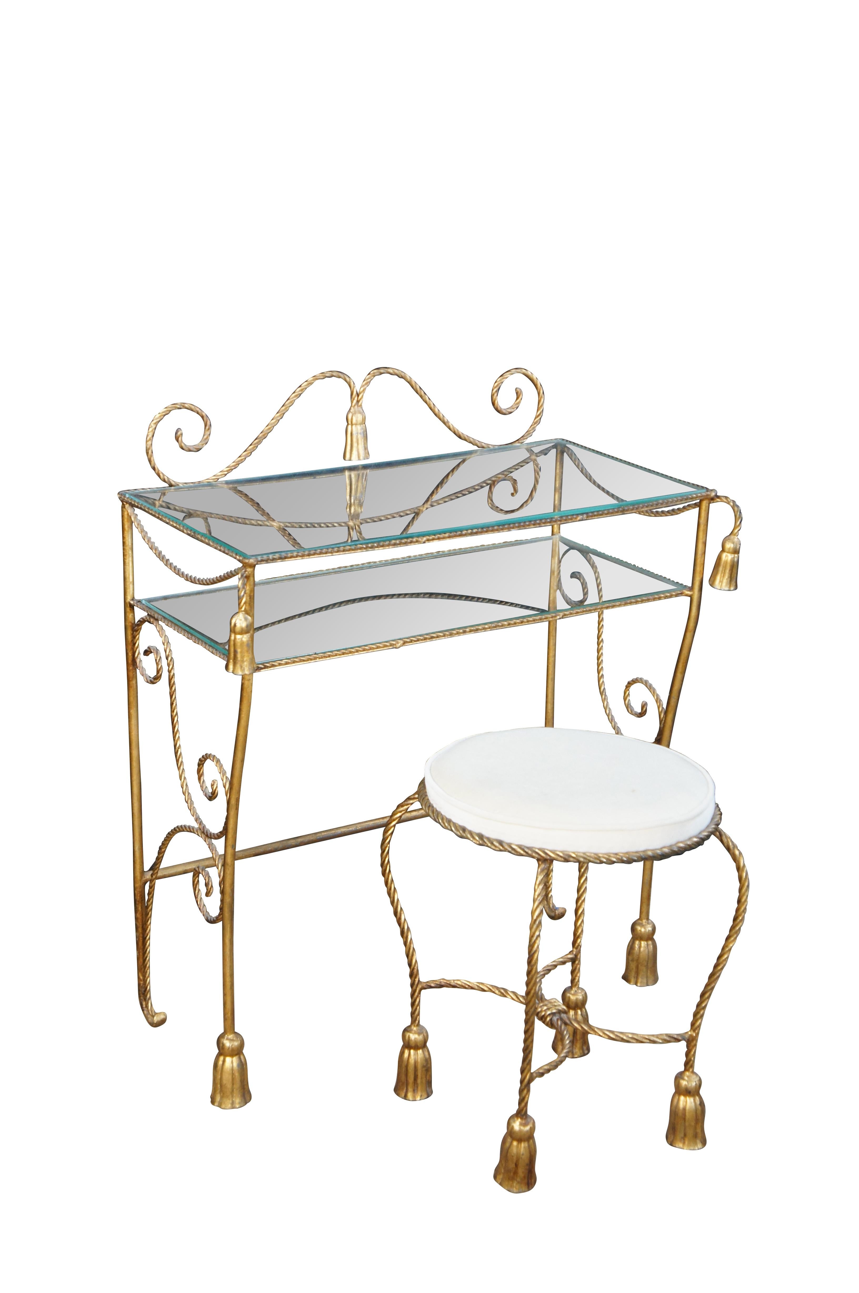 Italian Edward P Paul Hollywood Regency Rope Tassel Vanity Table Stool Mirror In Fair Condition For Sale In Dayton, OH