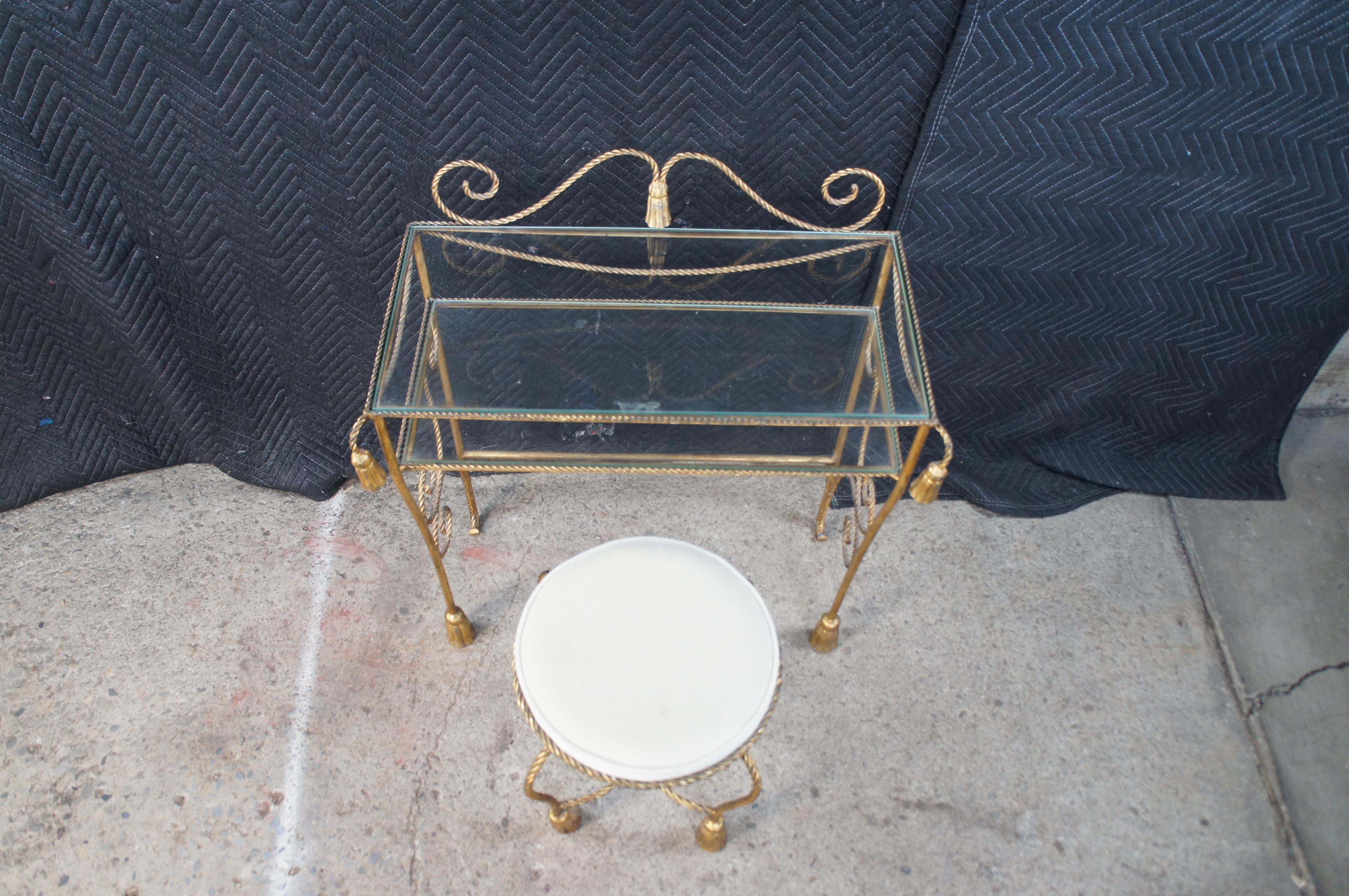 Metal Italian Edward P Paul Hollywood Regency Rope Tassel Vanity Table Stool Mirror For Sale