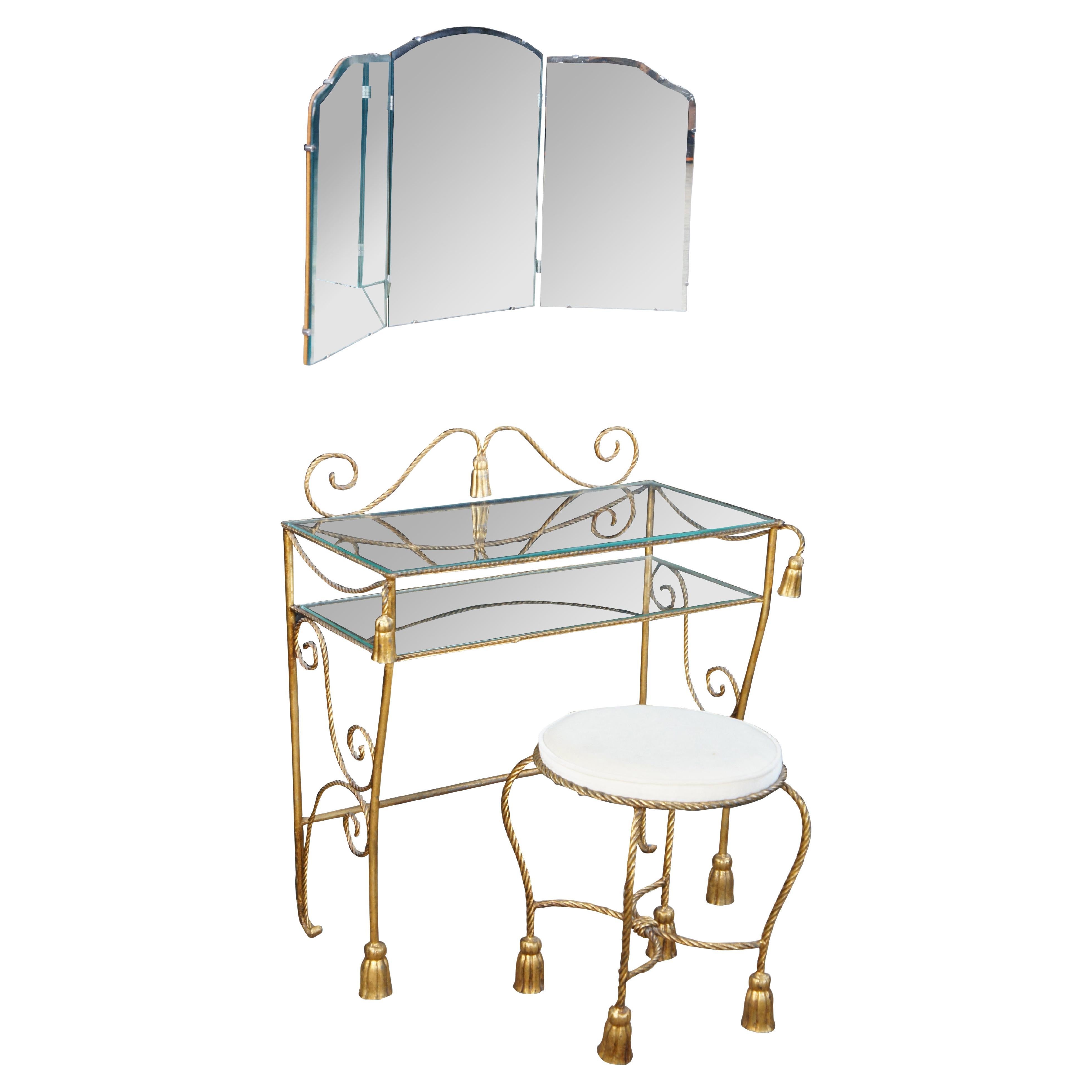 Italian Edward P Paul Hollywood Regency Rope Tassel Vanity Table Stool Mirror For Sale