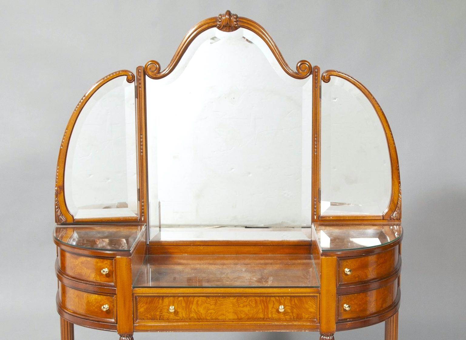 Brass Italian Edwardian Style Walnut Vanity Dressing Table With Chair For Sale