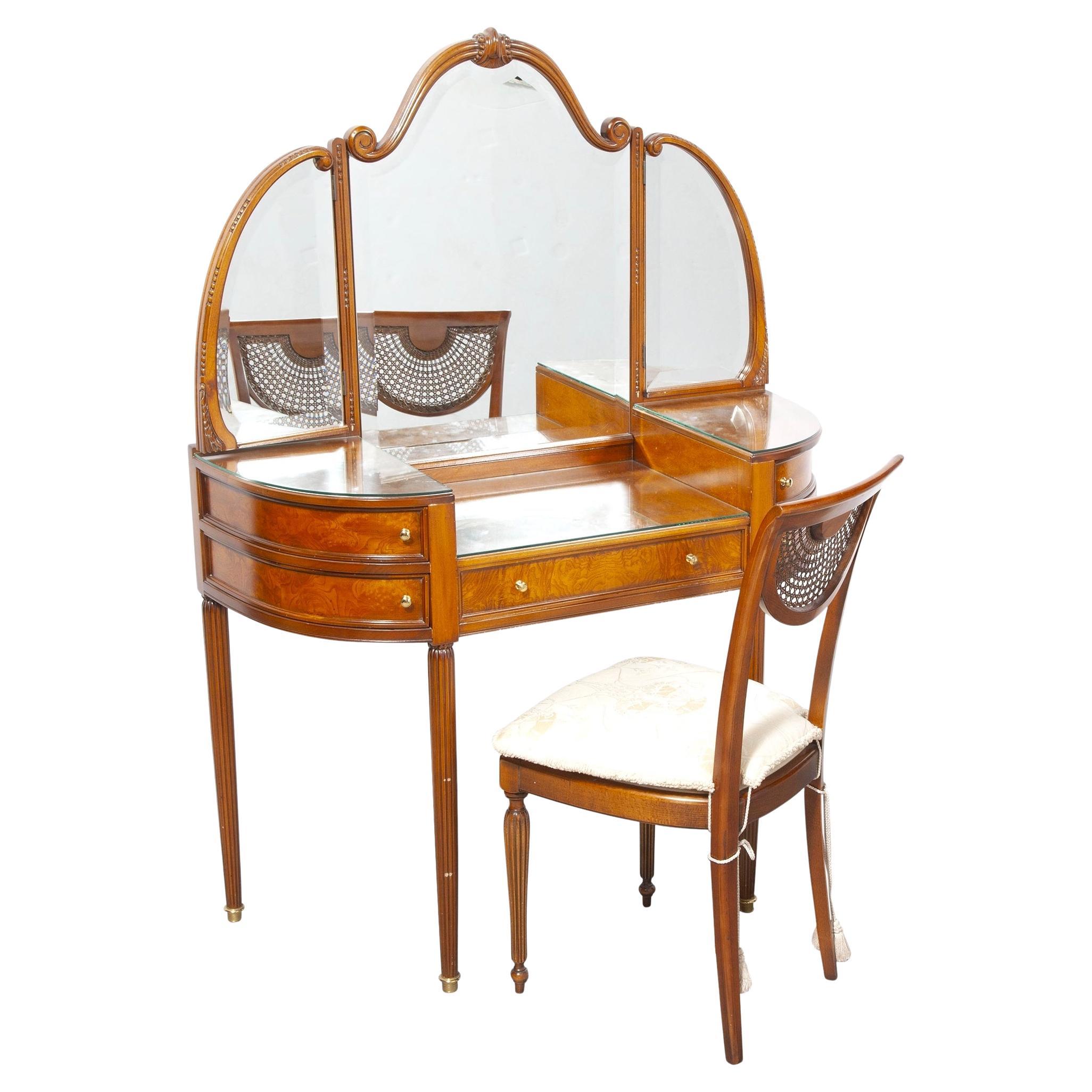 Italian Edwardian Style Walnut Vanity Dressing Table With Chair