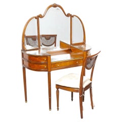Retro Italian Edwardian Style Walnut Vanity Dressing Table With Chair