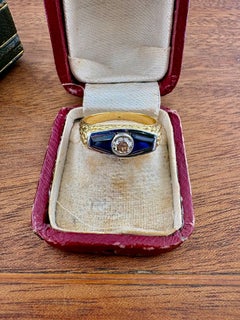 Italian Edwardian Verneuil Sapphire Diamond Three Stone Gent ring 18 KT