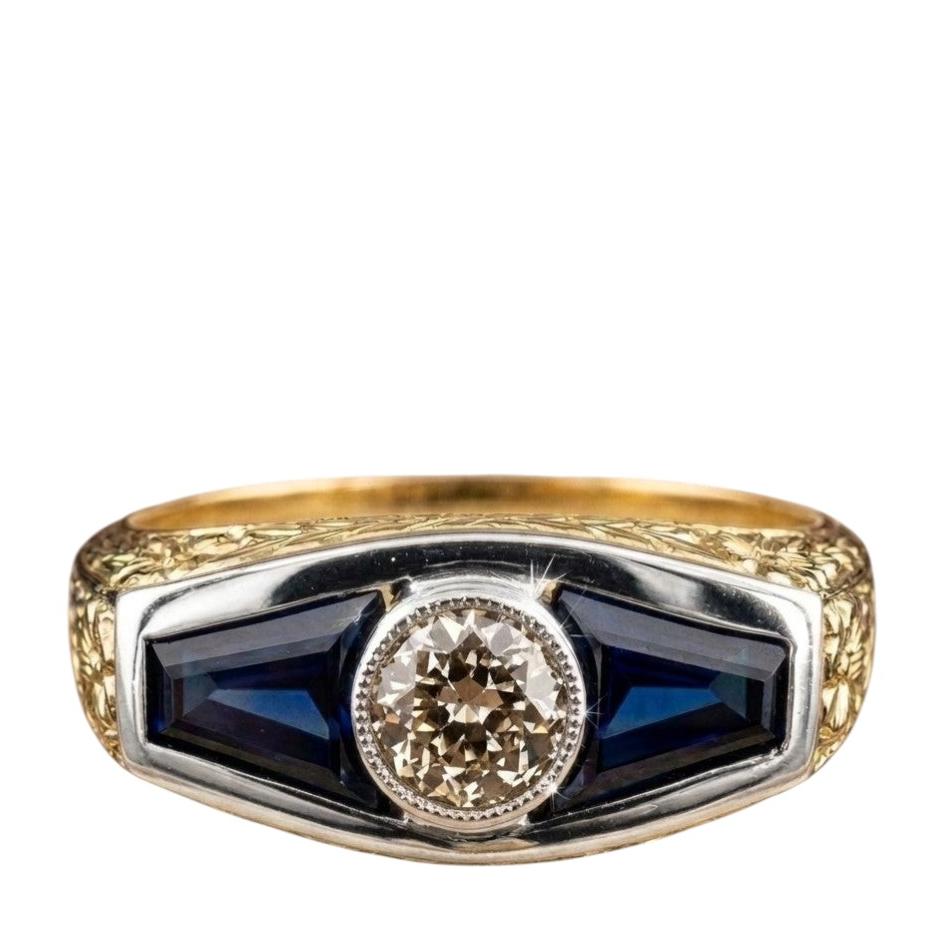Italienisch Edwardian A. Verneuil Saphir Diamant Drei Stein Herrenring 18 KT