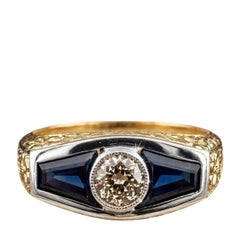 Italian Edwardian Verneuil Sapphire Diamond Three Stone Gent ring 18 KT