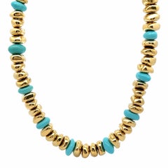Italian Effedue 18k Gold Polished Beads w/ Pebble Turquoise Adjustable Necklace
