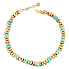 Italian Effedue 18k Gold Polished Beads w/ Pebble Turquoise Adjustable Necklace