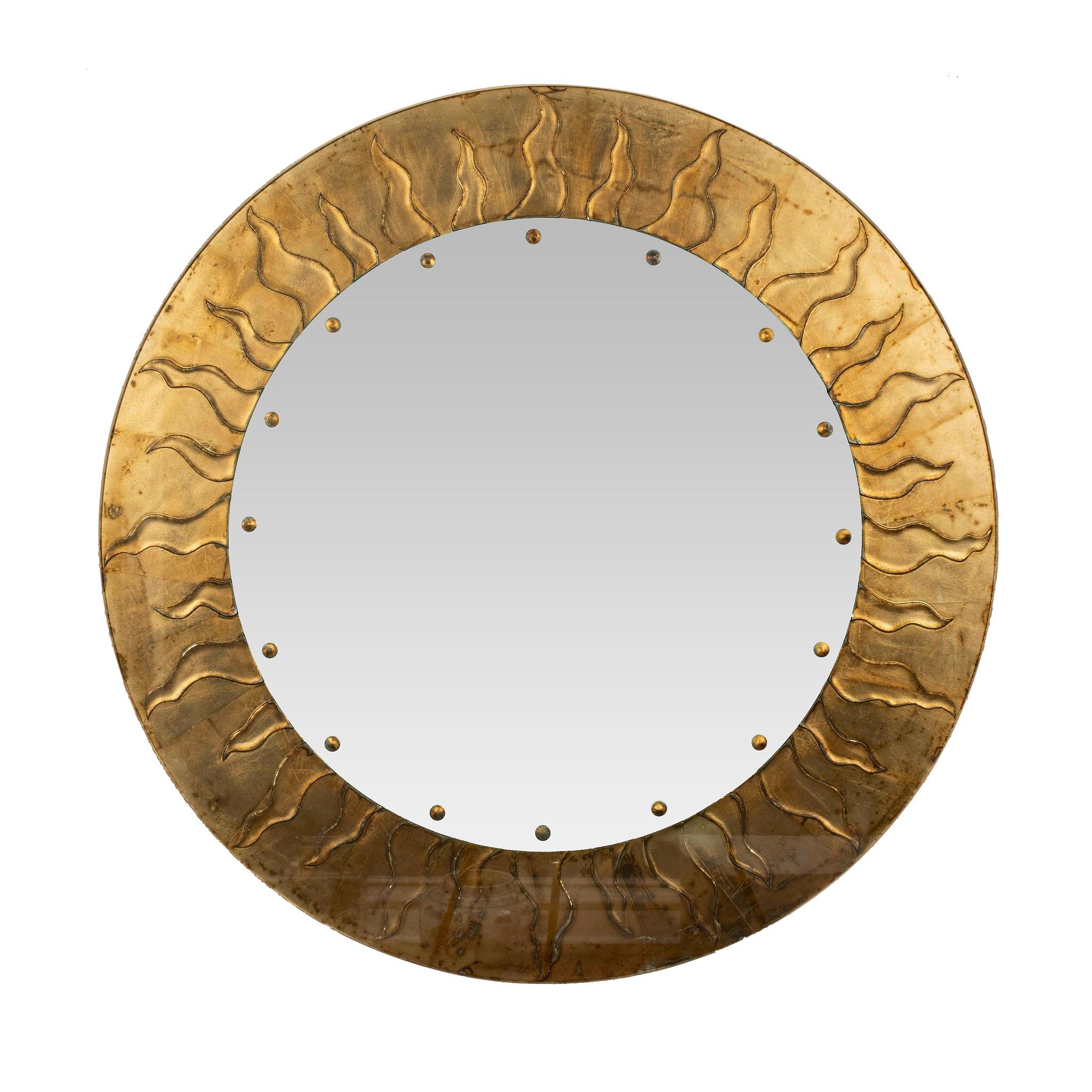 Chic Italian reverse gilt painted sunburst mirror. Signed by David Marshall. Two available, sold individually at $6800.00 each.
