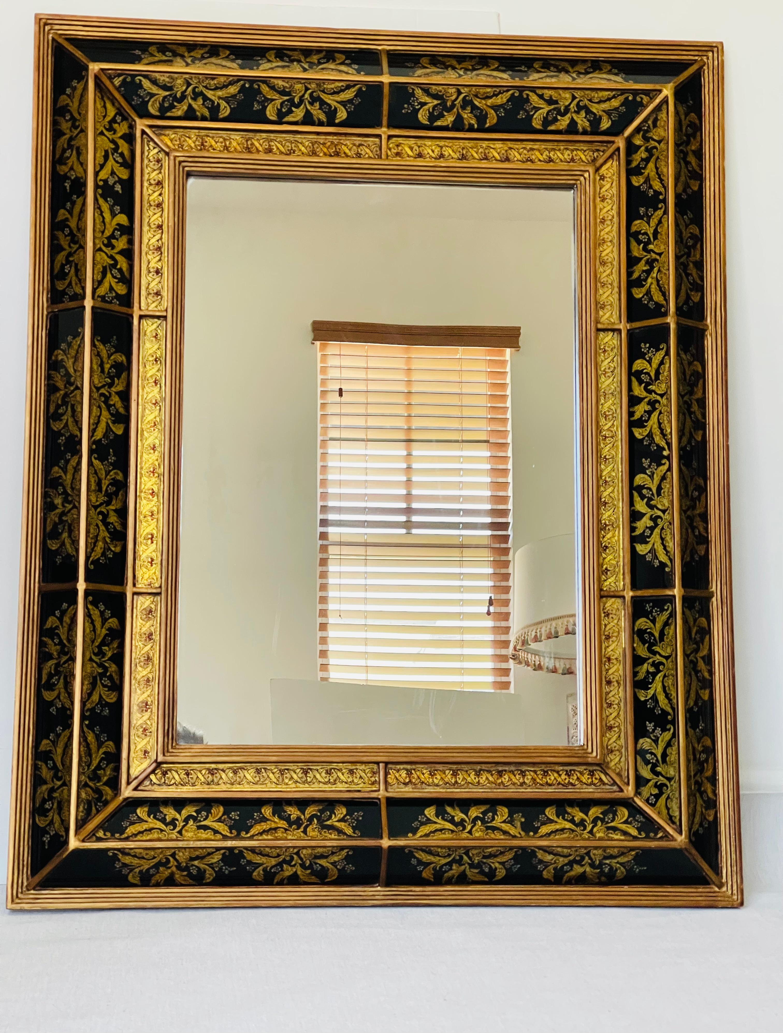 Peinture inversée italienne vintage sur miroir en verre Mercury. Technique de miroiterie italienne renommée. Une signature riche et élégante.