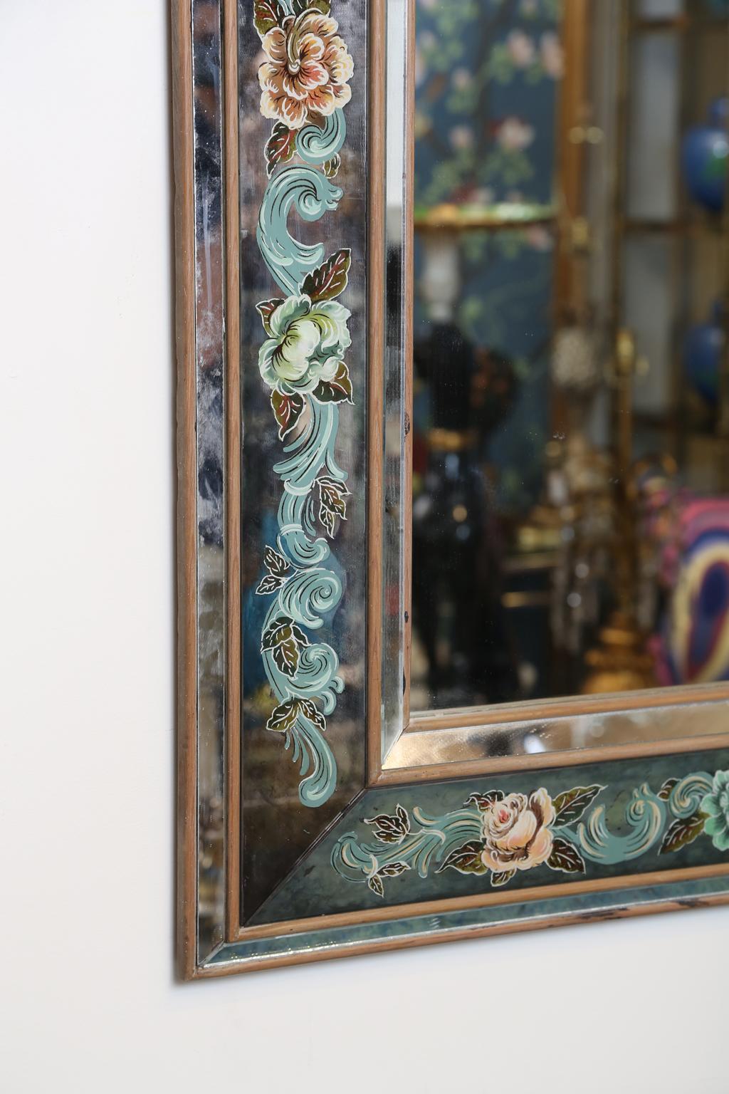 Hollywood Regency Italian Églomisé Wall Mirror with Handpainted Floral Frame For Sale