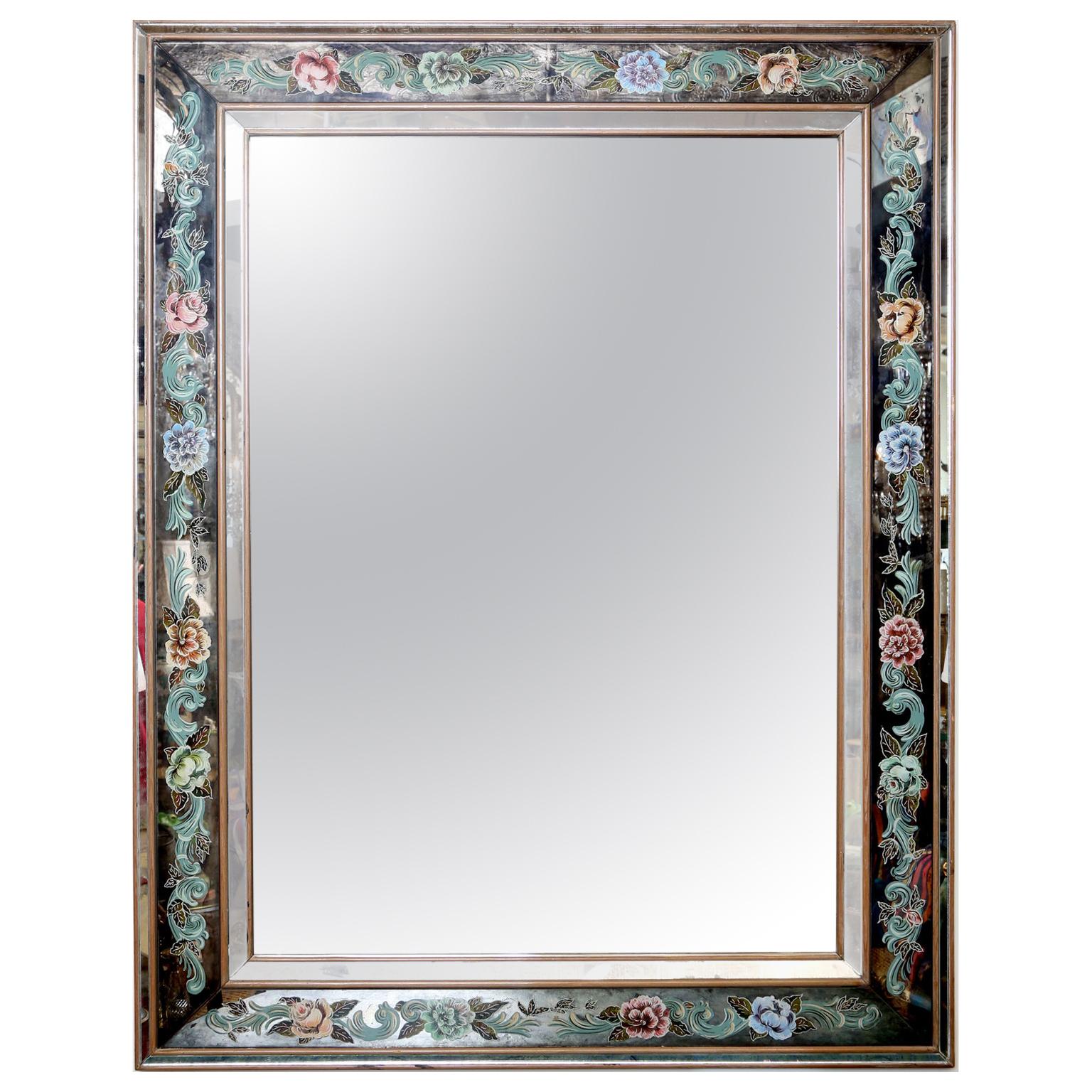 Italian Églomisé Wall Mirror with Handpainted Floral Frame For Sale