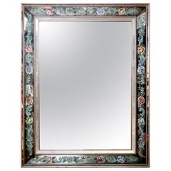 Italian Églomisé Wall Mirror with Handpainted Floral Frame