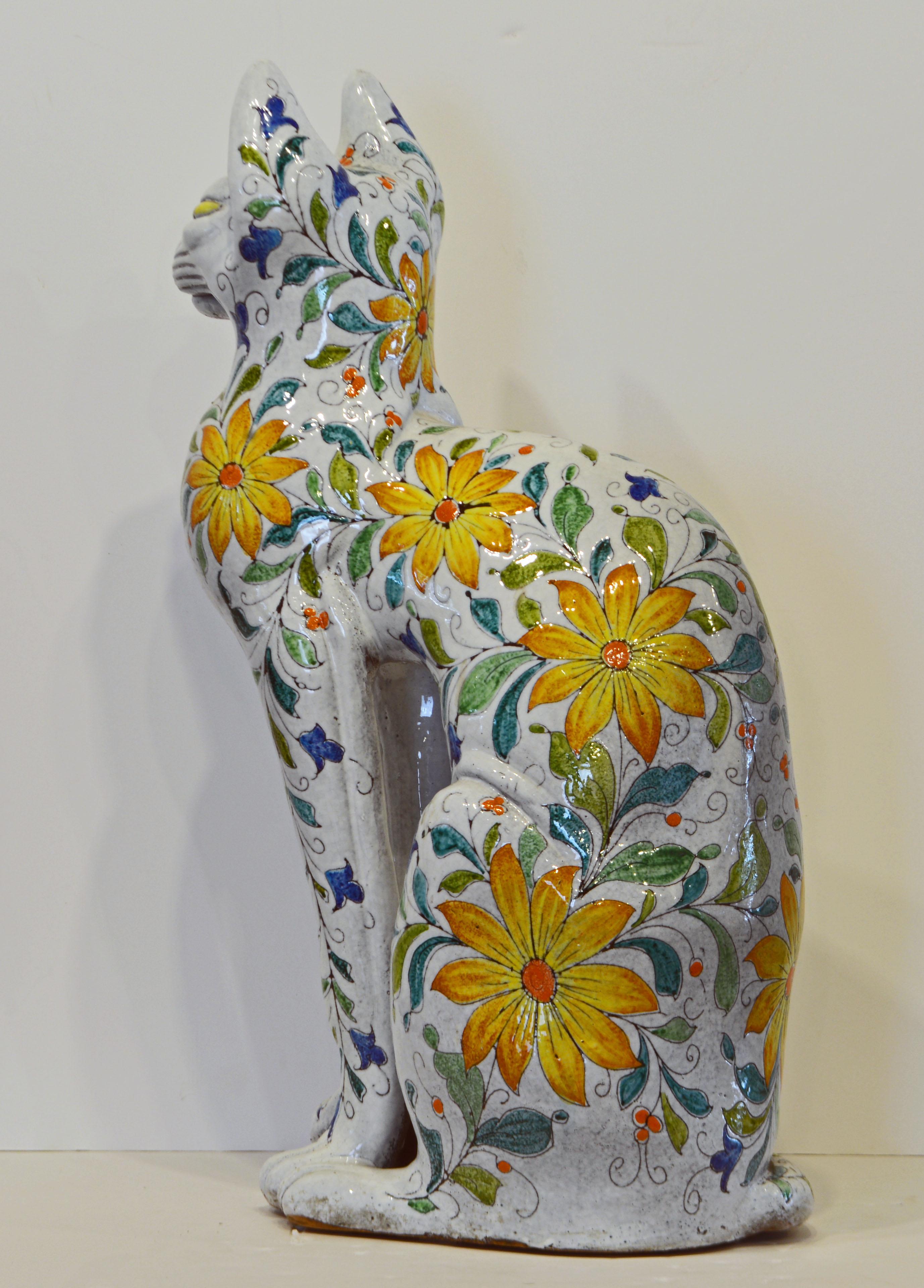 Mid-Century Modern Egyptian Inspired Glazed Terracotta Cat with Floral Decoration, 20th Century