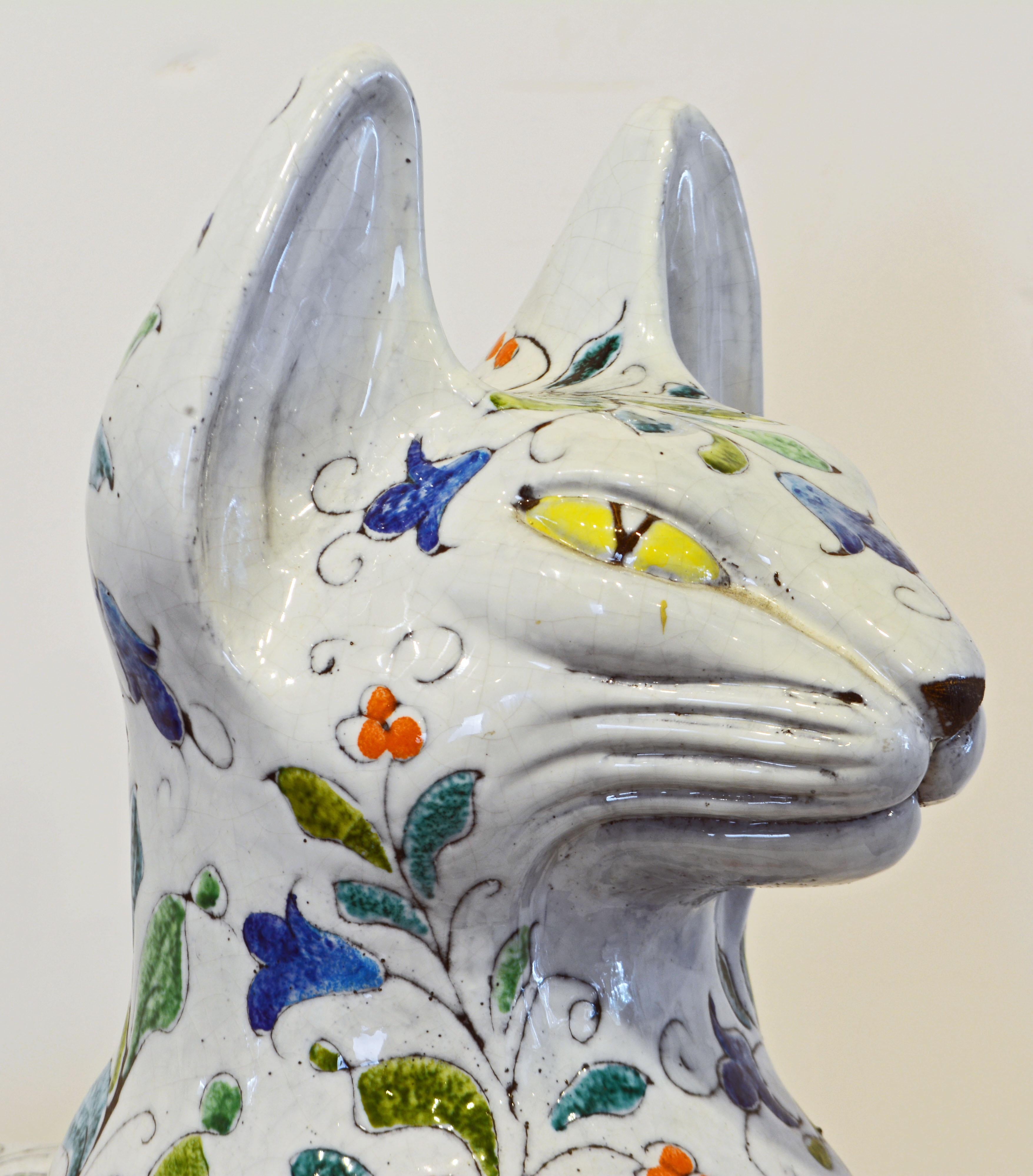 Egyptian Inspired Glazed Terracotta Cat with Floral Decoration, 20th Century In Good Condition In Ft. Lauderdale, FL
