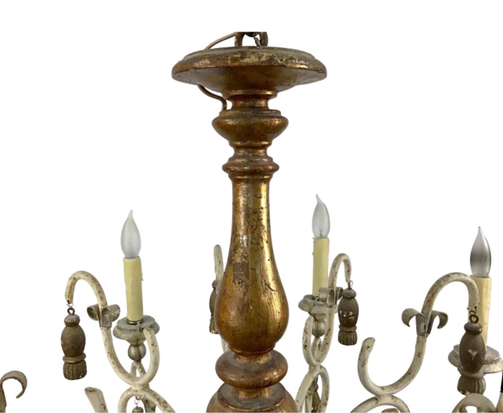 Baroque Italian Eight Light Painted & Gilt Wood and Iron Chandelier