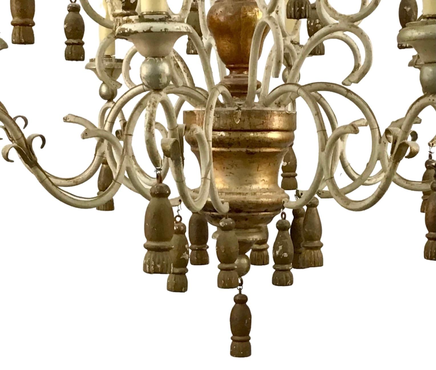 Italian Eight Light Painted & Gilt Wood and Iron Chandelier 1