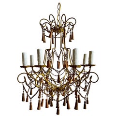 Italian Eight Light Wood Beaded Tassel Chandelier