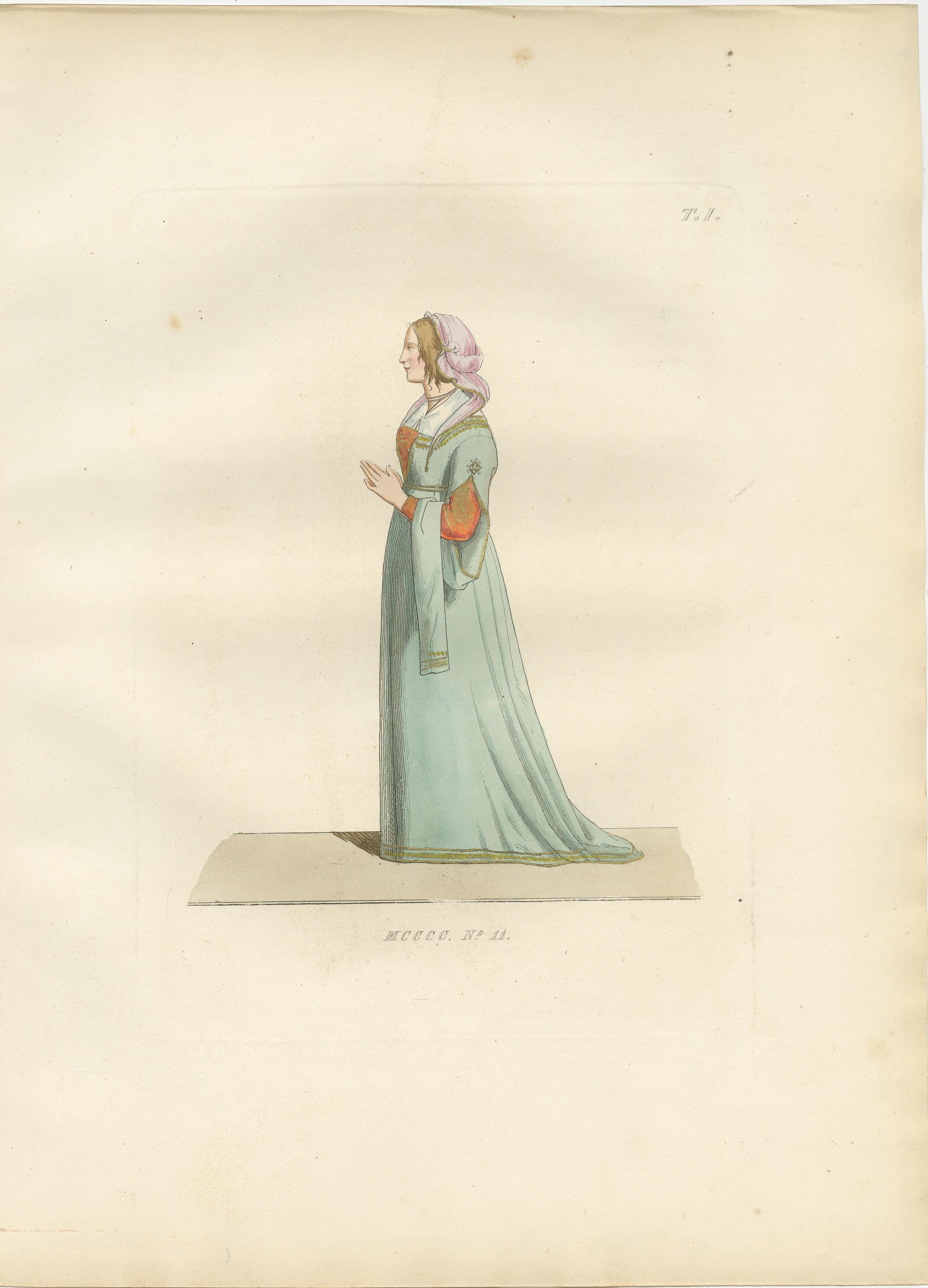 Italian Elegance and Armor in 15th Century Costume Prints

This captivating ensemble of three hand-colored prints showcases the visual contrast between feminine grace and martial strength in 15th-century Italy. Taken from the 1845 edition of
