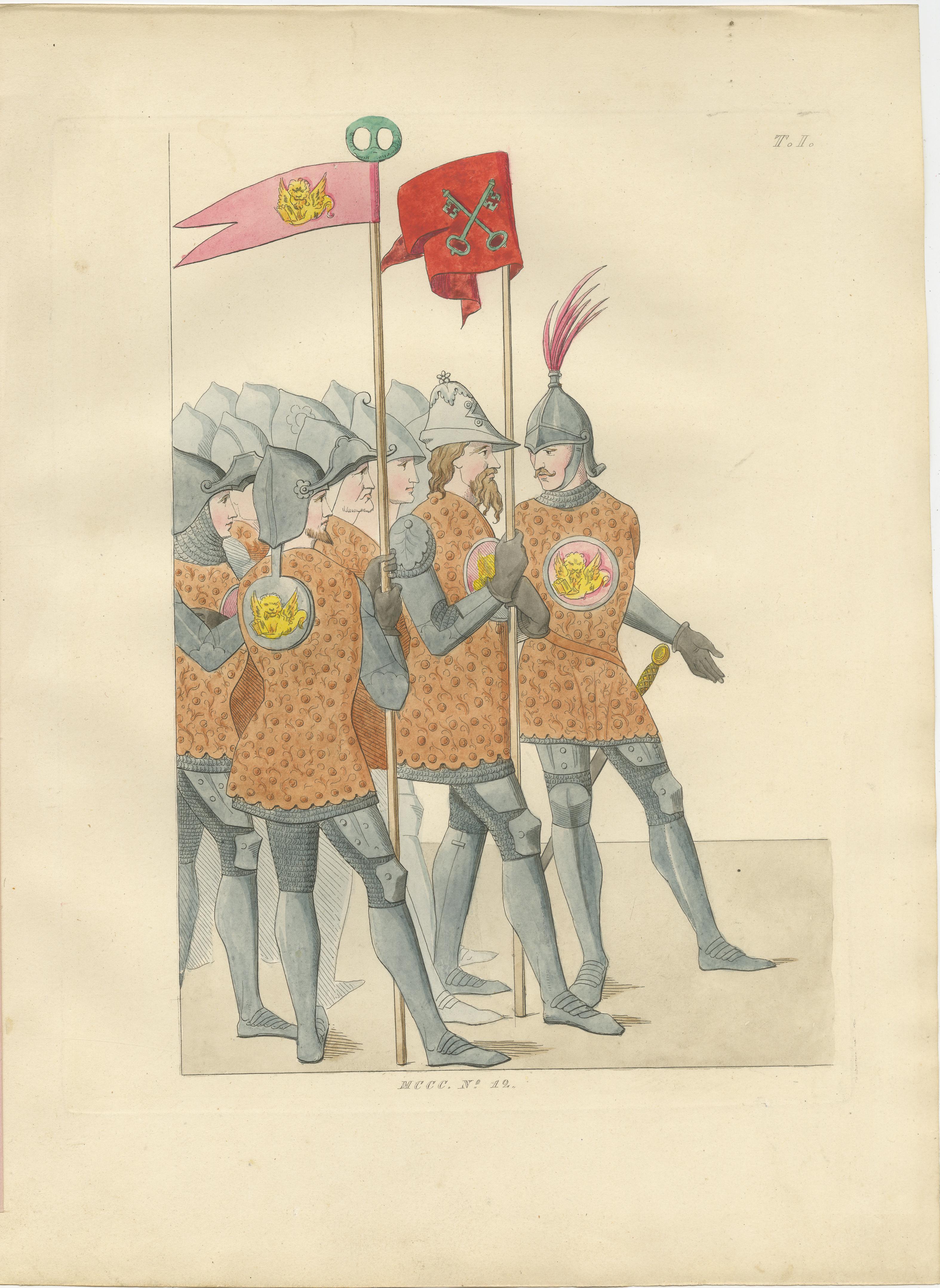French Italian Elegance and Armor in 15th Century Costume Prints, Published in 1845 For Sale