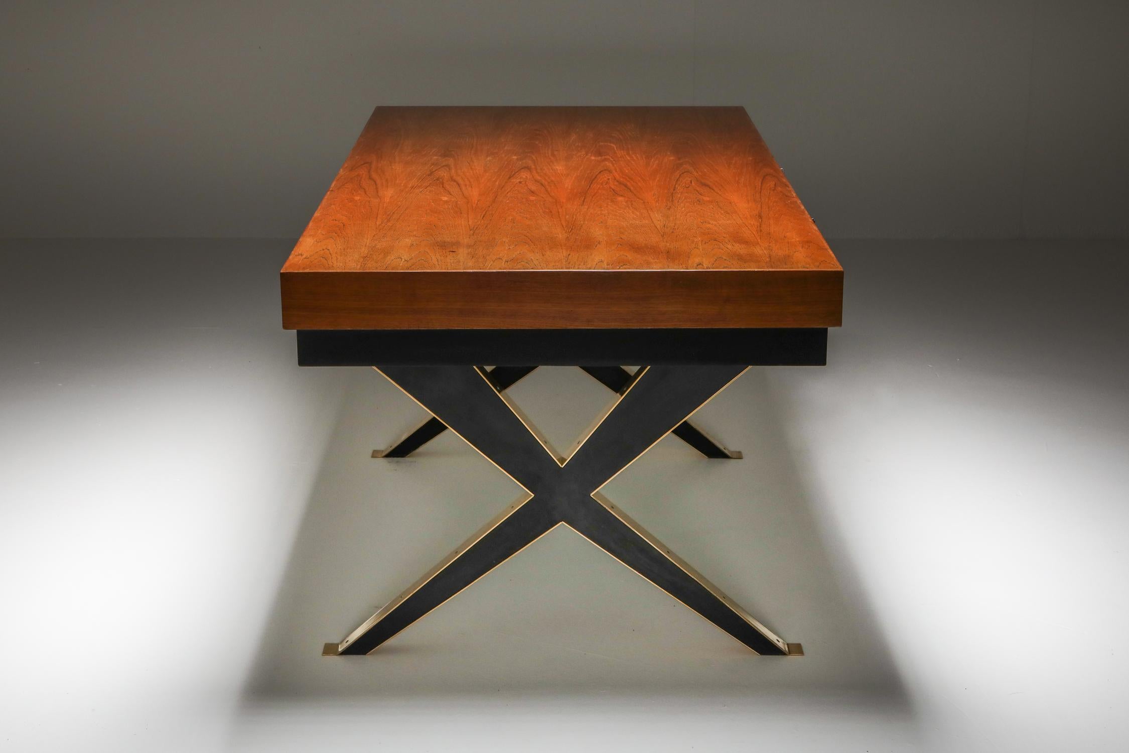 Mahogany desk with two drawers mounted on a stunning brass and black frame
Italy, 1970s
Feels like a perfect mix between Danish and Italian modern design.
Gabriella Crespi meets Bodil Kjaer.


 
 
