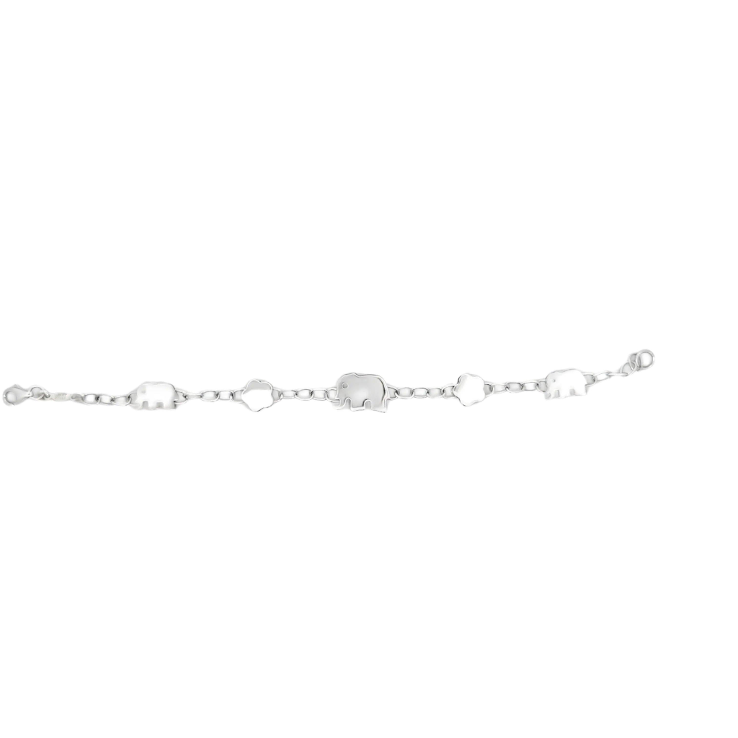 Women's Italian Elephant and Flower 14K White Gold Bracelet For Sale