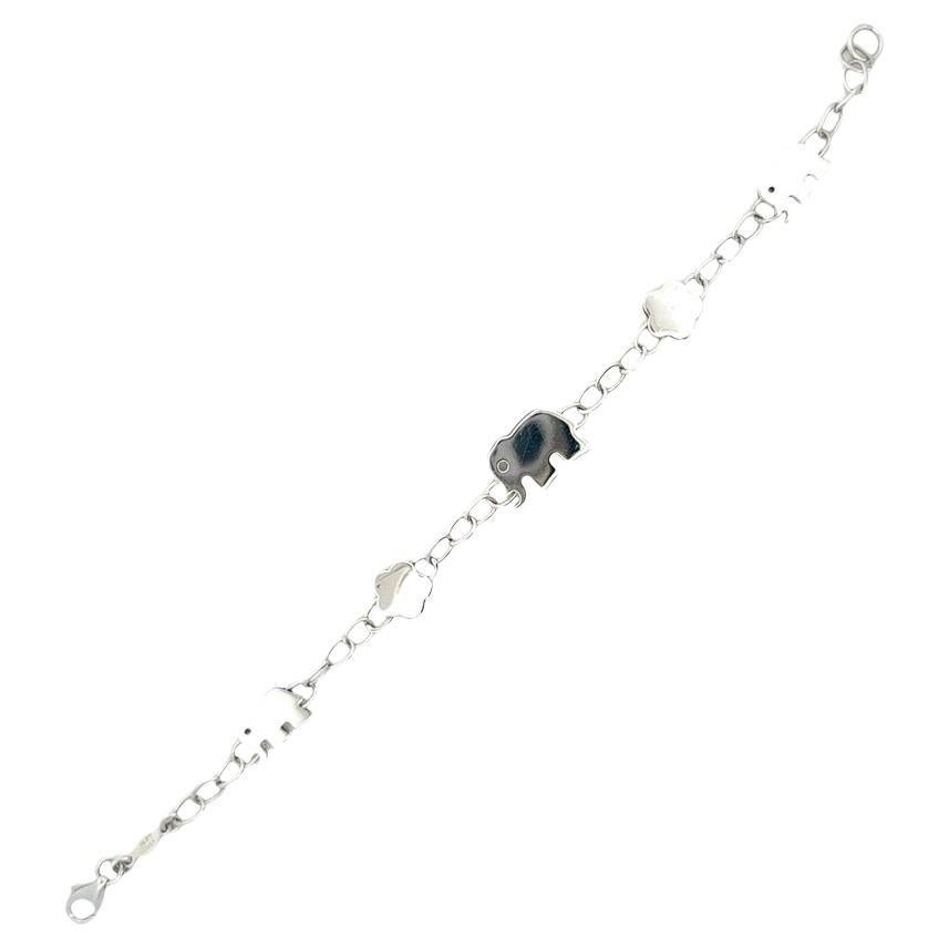 Italian Elephant and Flower 14K White Gold Bracelet For Sale