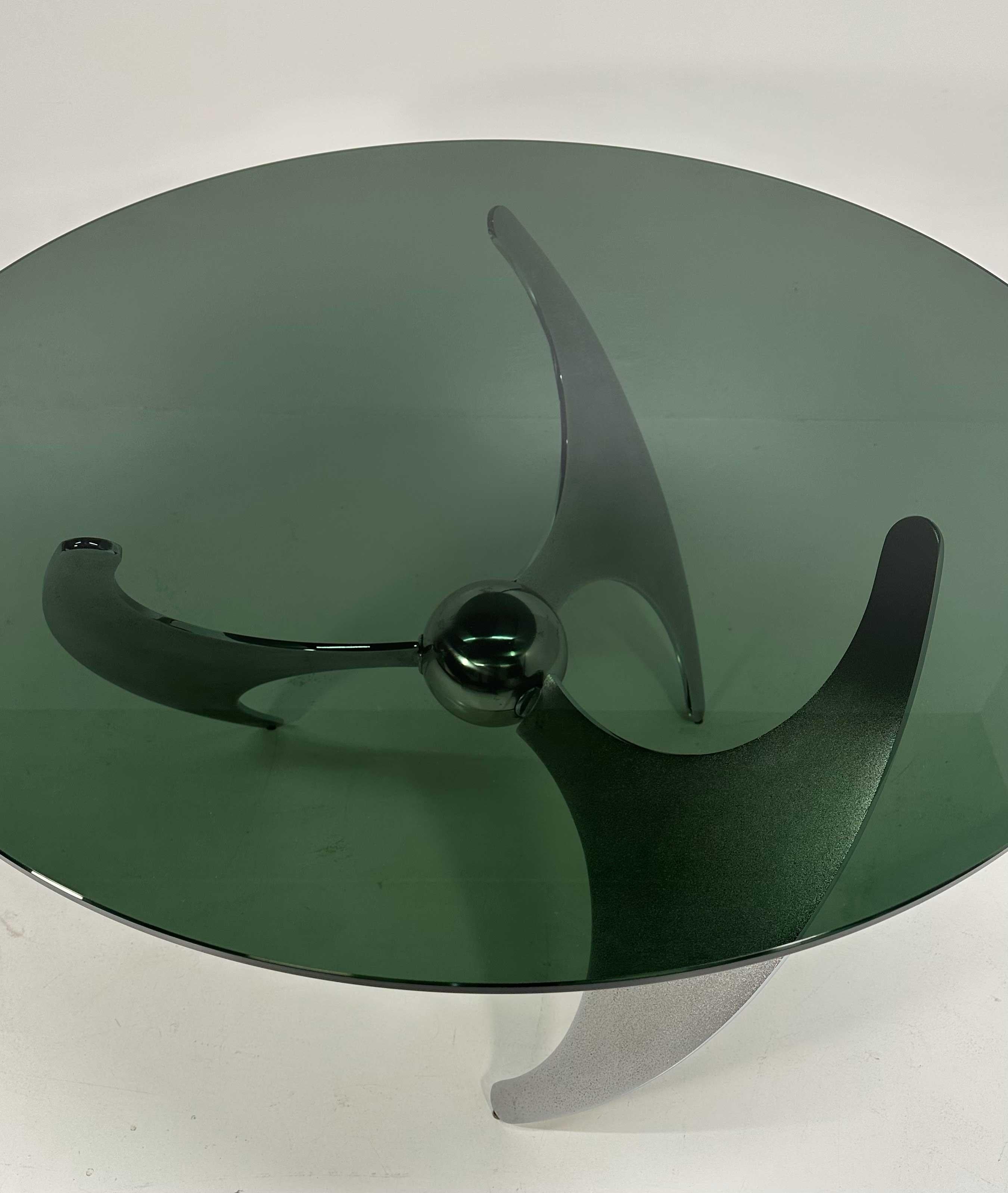 Acciaio Tavolo italiano Elica Design di L. Campanini in acciaio e vetro fumé, anni '70 in vendita