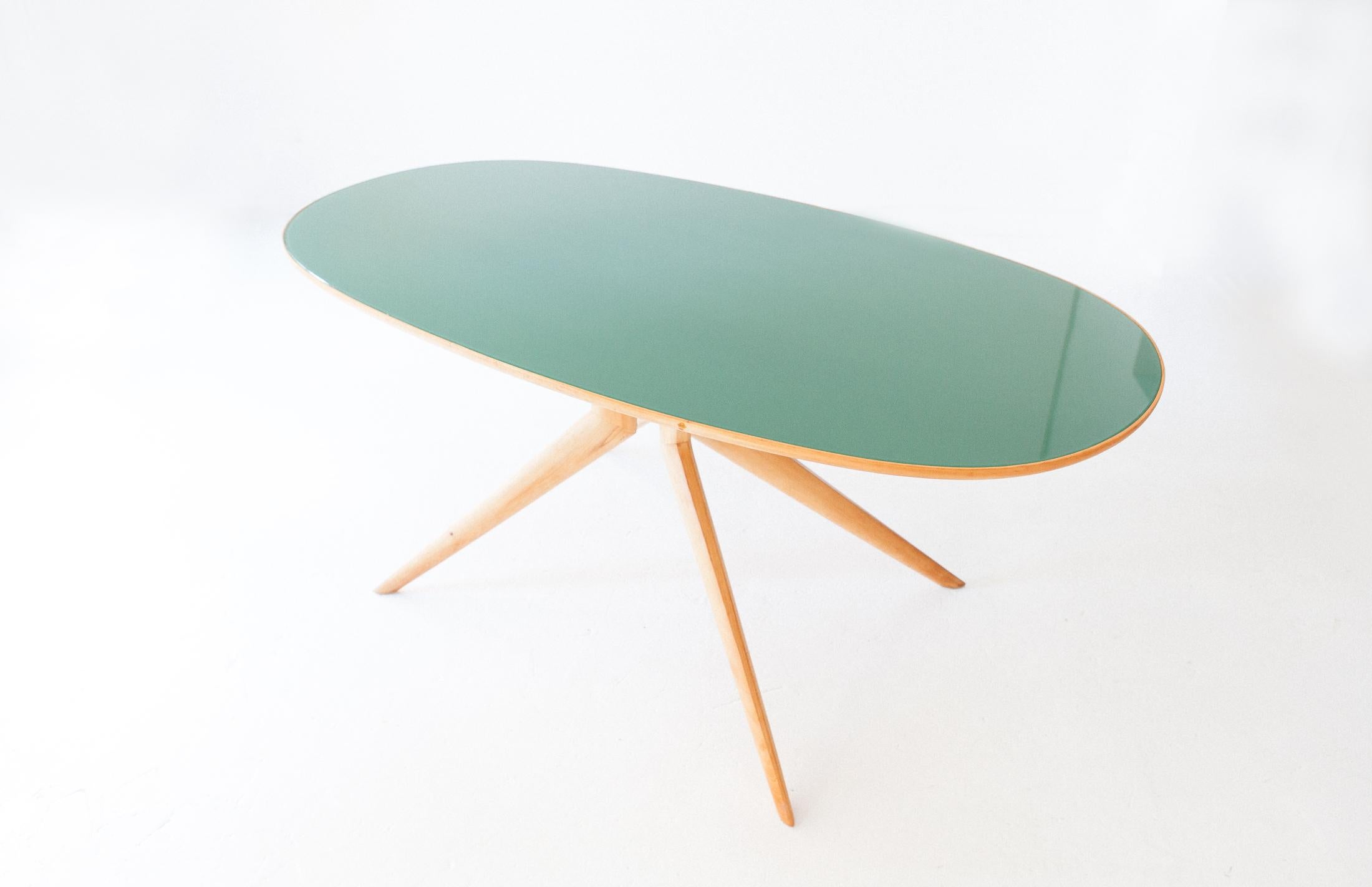 Mid-20th Century Italian Elliptical Light wood and Light Green Glass Table, 1950s