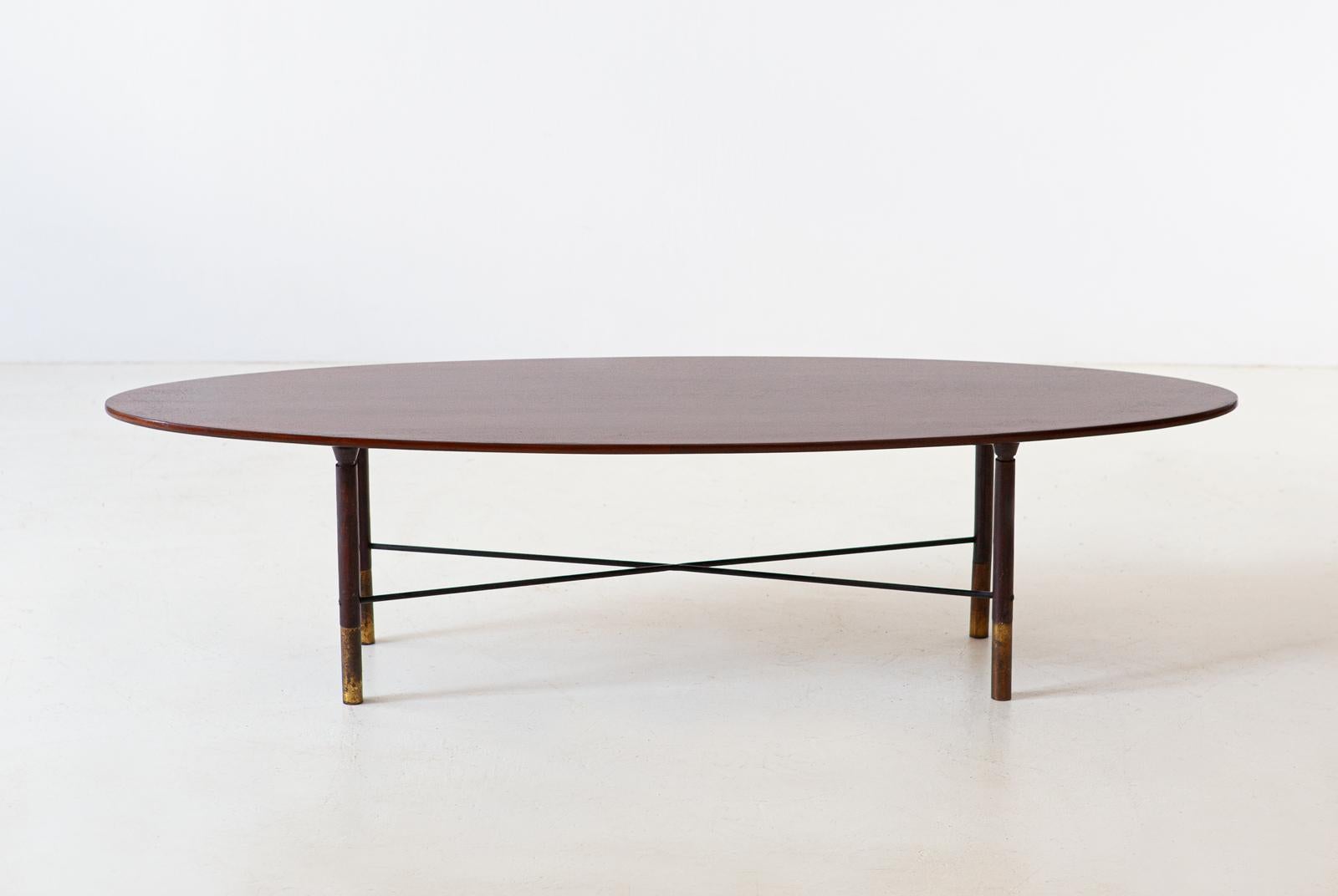 Mid-Century Modern Italian Elliptical Teak and Brass Low Coffee Table